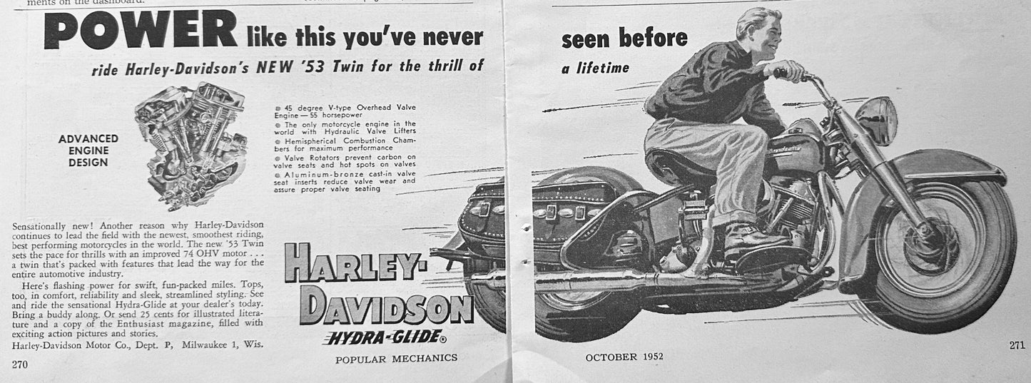 1952 3- Variants of Harley-Davidson Big Twin Hydra-Glide 2- page ads N447