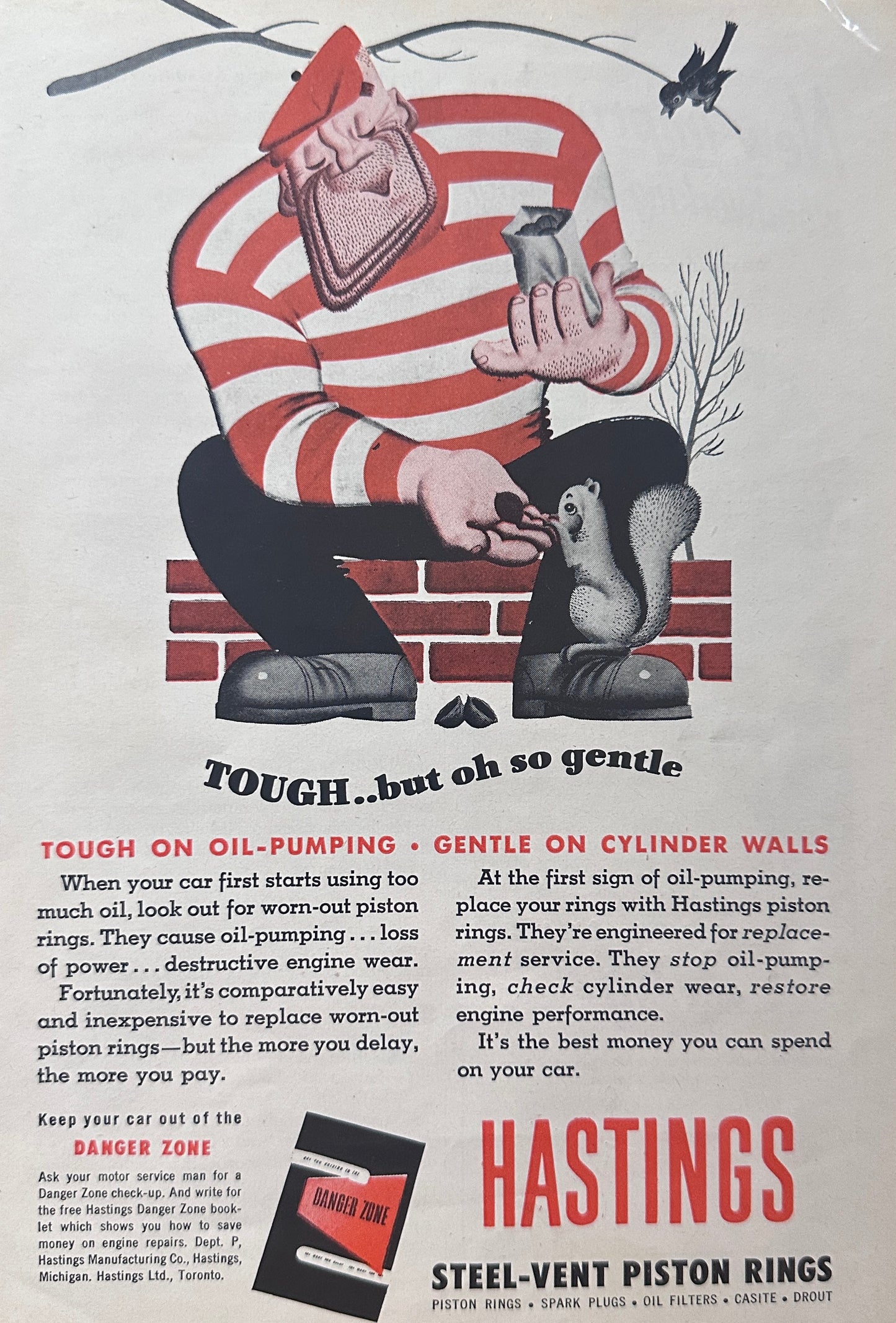 1951 Hastings Piston Rings Tough But oh so Gentle Ad Series Squirrel Feeding