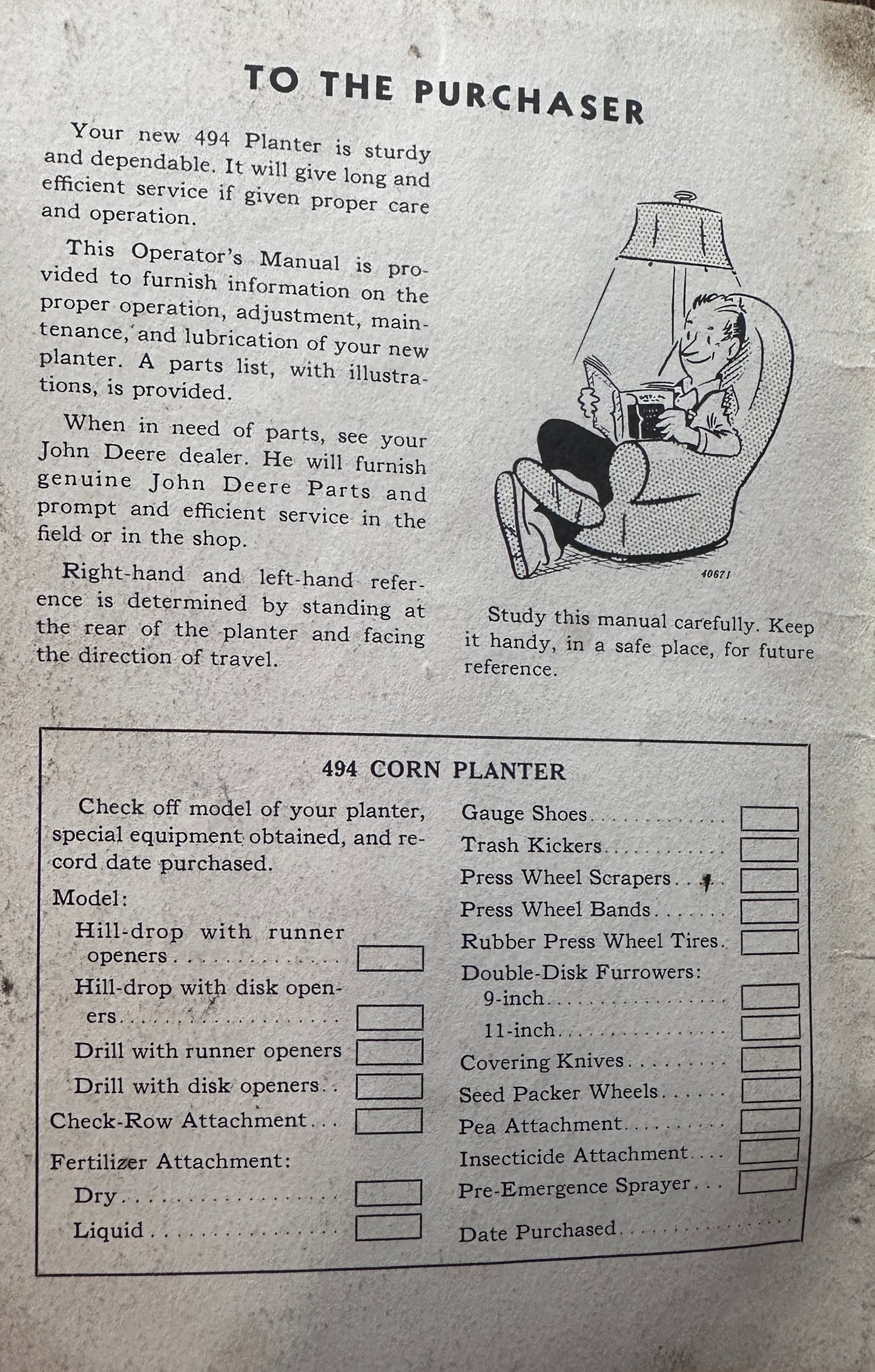 1957 John Deere Operator's Manual OM-B55-958 John Deere 494 Corn Planter