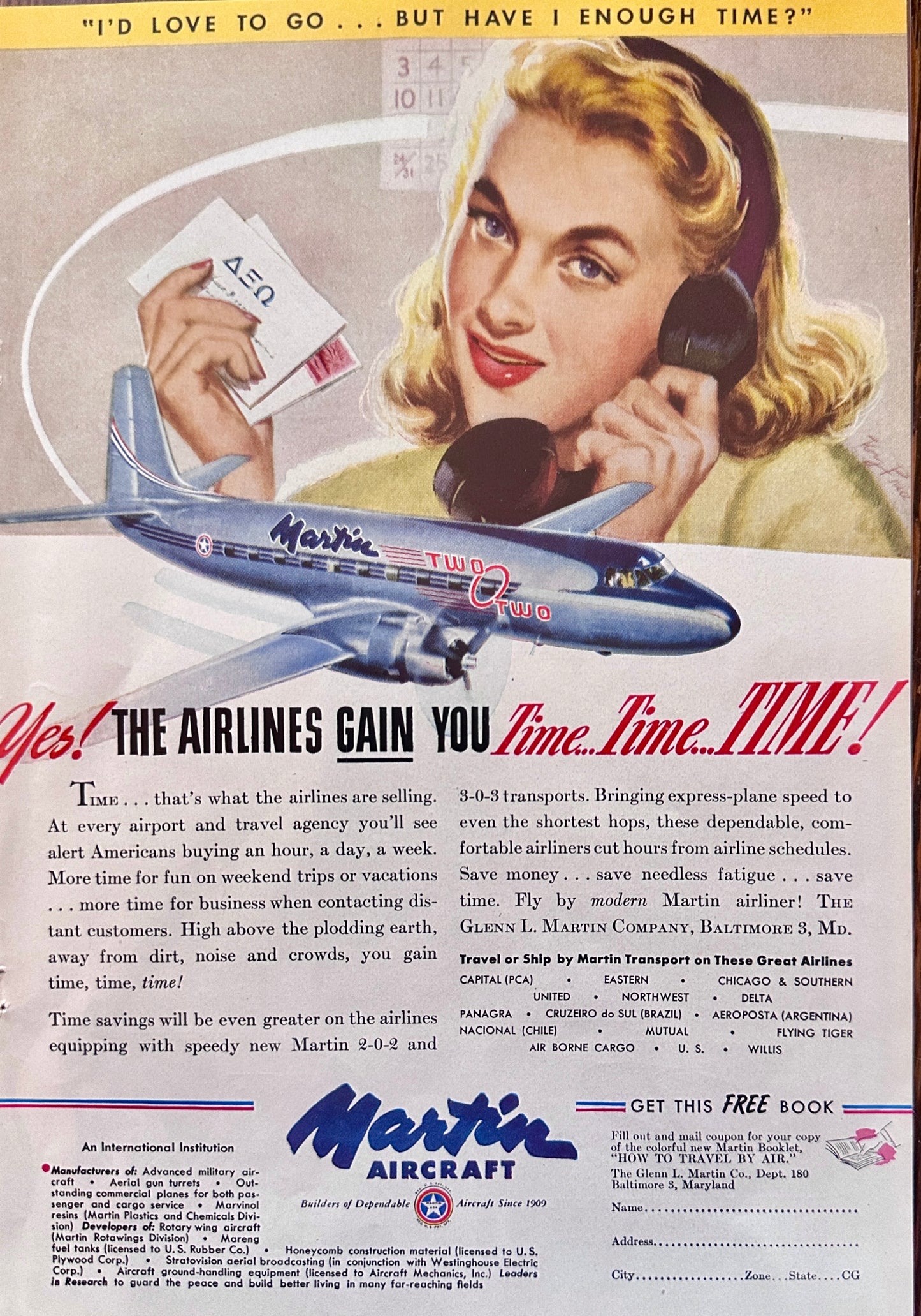 1947 Martin Aircraft Commercial Aircraft Pioneer - Vintage Ad