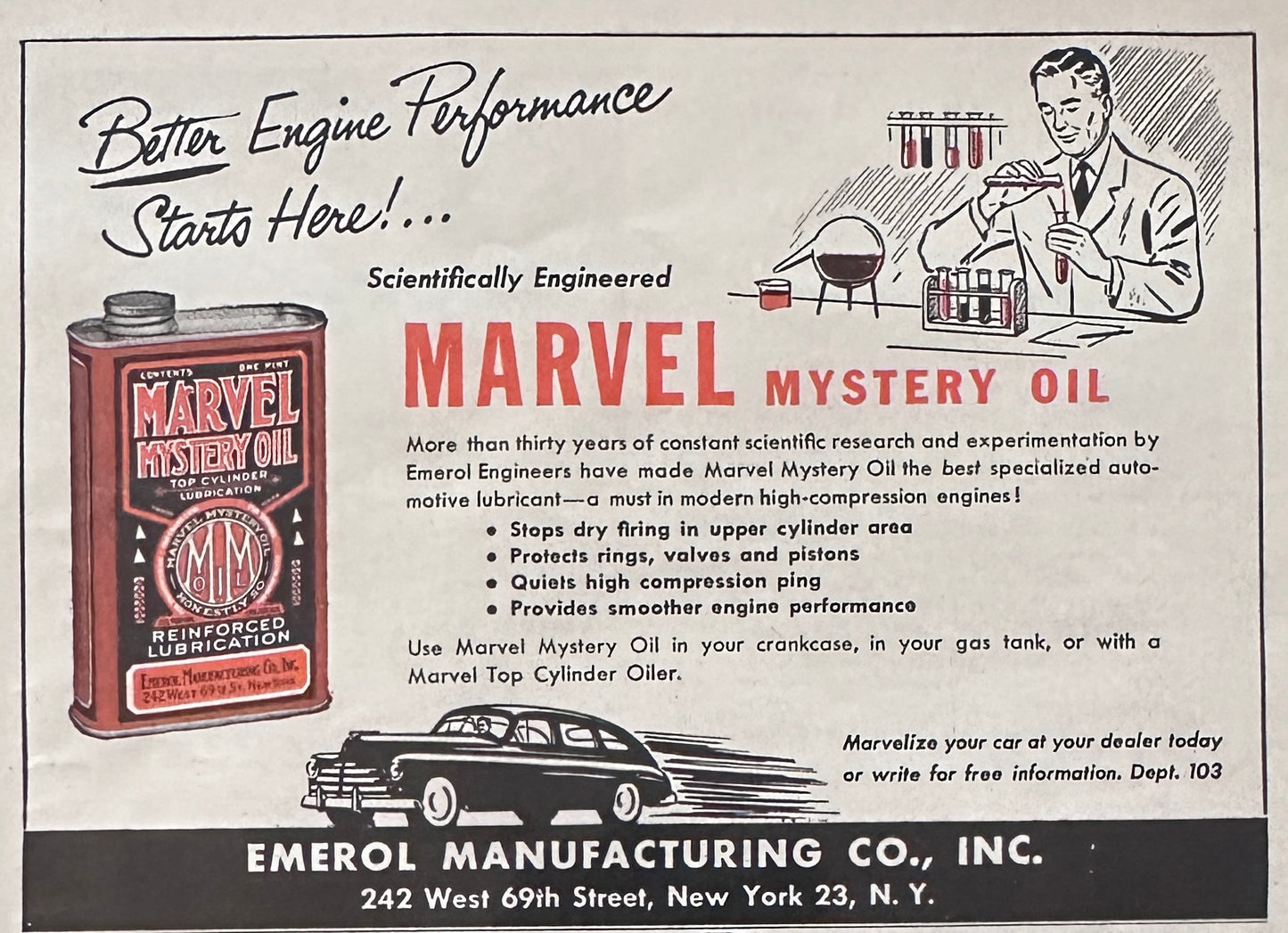 1951 Marvel Mystery Oil By Emerol Better Engine Performance Starts Here!