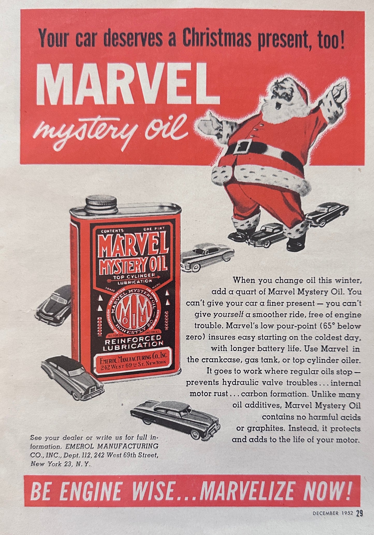 1952 Marvel Mystery Oil for Improved Engine Performance Magazine Ad N597