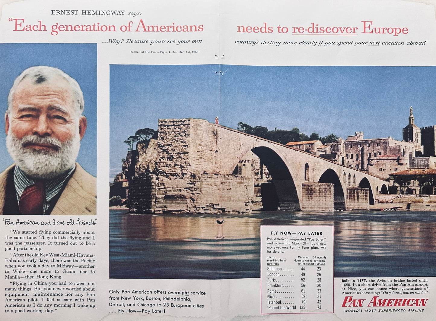 1956 Pan American Centerfold Aid Ernest Hemmingway Vintage Ad