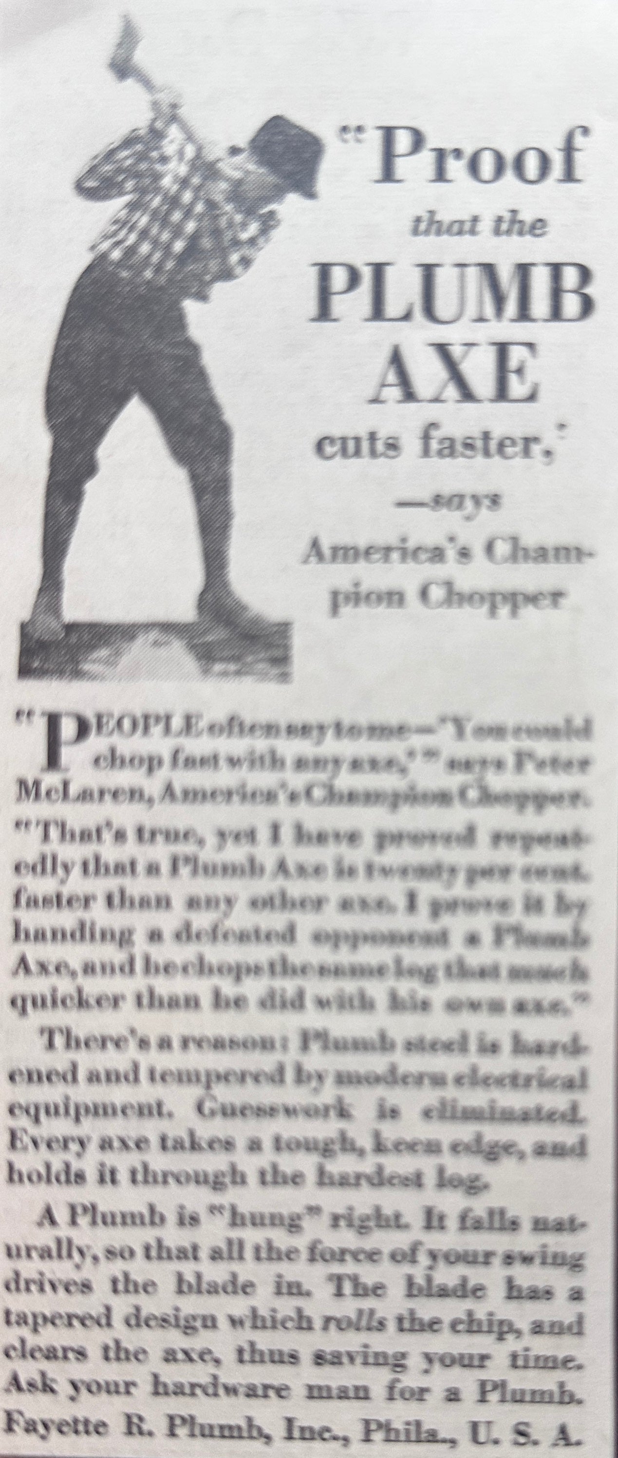1931 Plumb Axe Used by American's Champion Chopper Vintage Ad