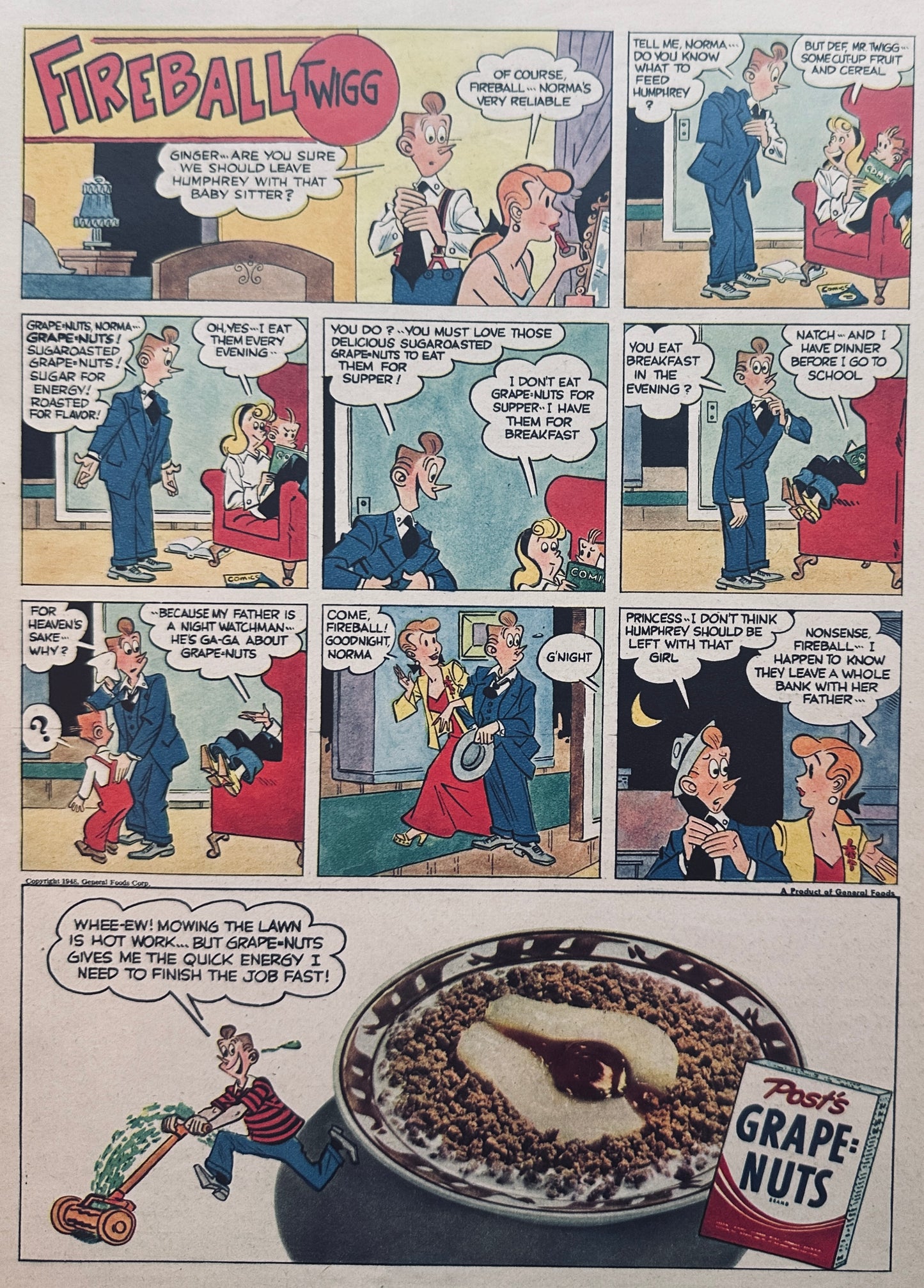 1948 Post Grape Nuts Fireball Twigg Comic Ad Series