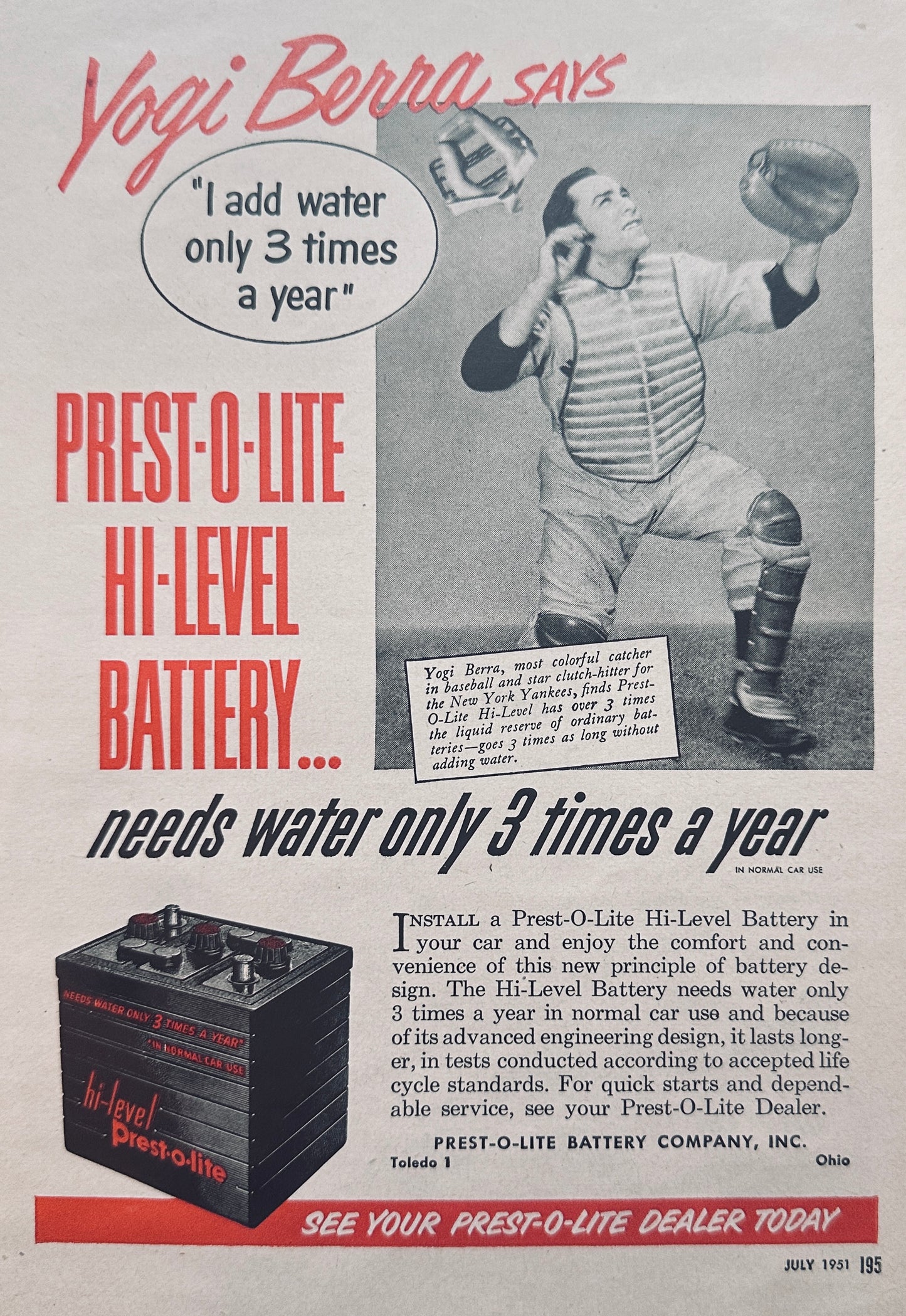 1951 Prest-O-Lite Hi-Level Battery Spokesperson Yogi Berra