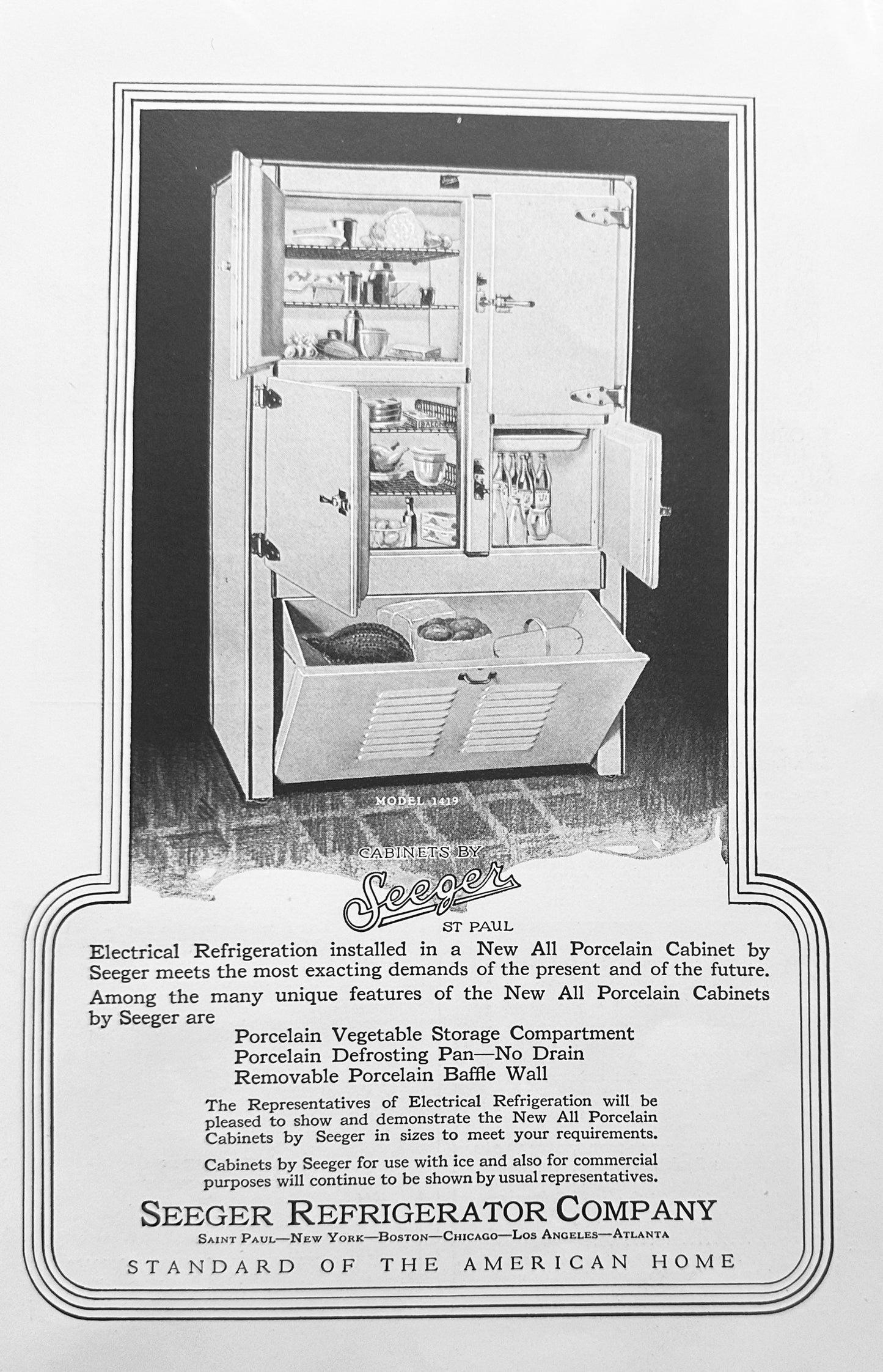 1927 Seeger Porcelain Cabinets for Electrical Refrigeration - Vintage Ad