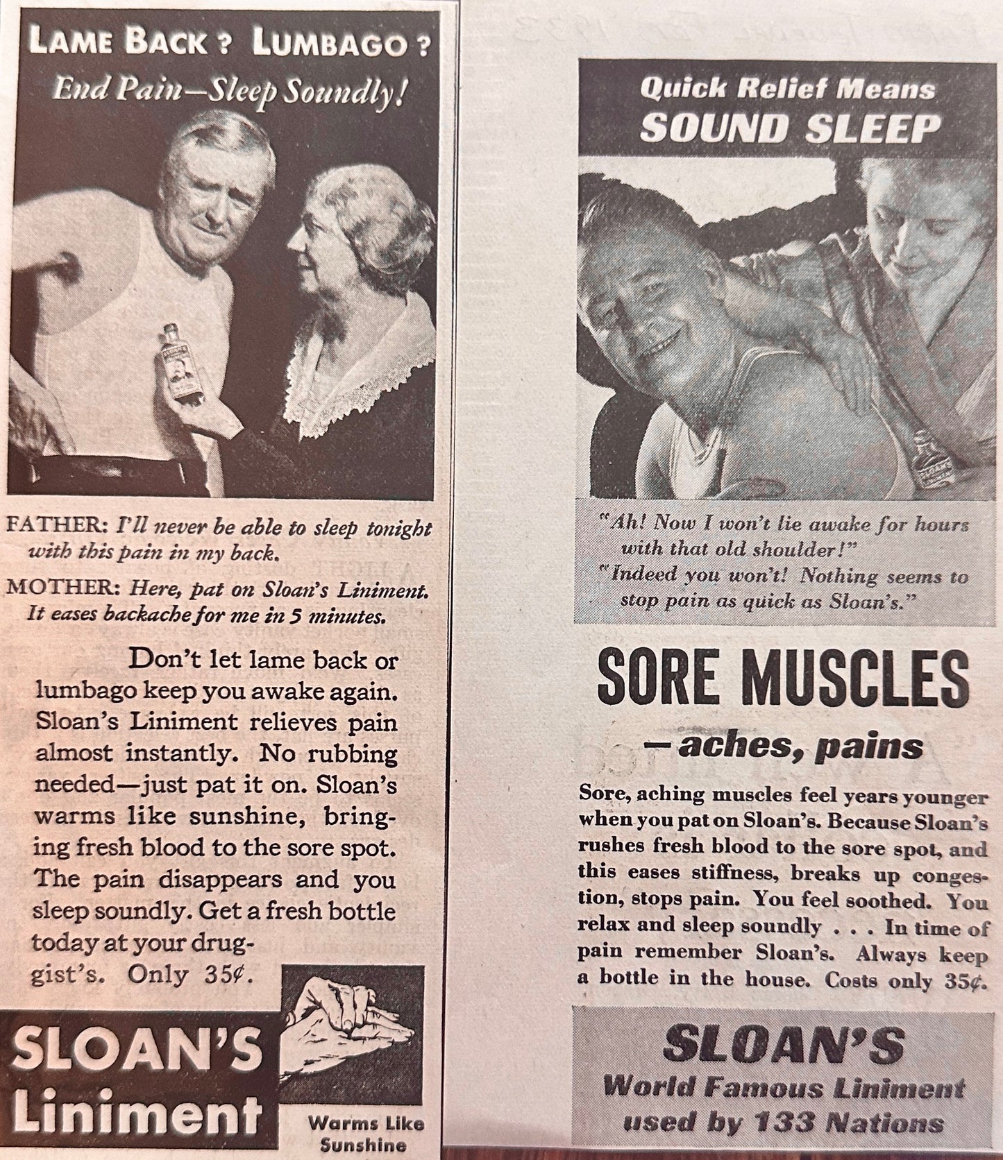 1931 & 1933 Sloan's Liniment Ads - Used in 133 Nations