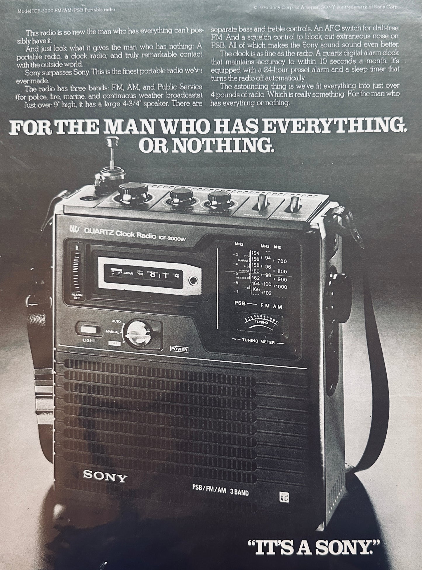 1976 Sony Model ICF-3000W FOr the Man Who Has Everything
