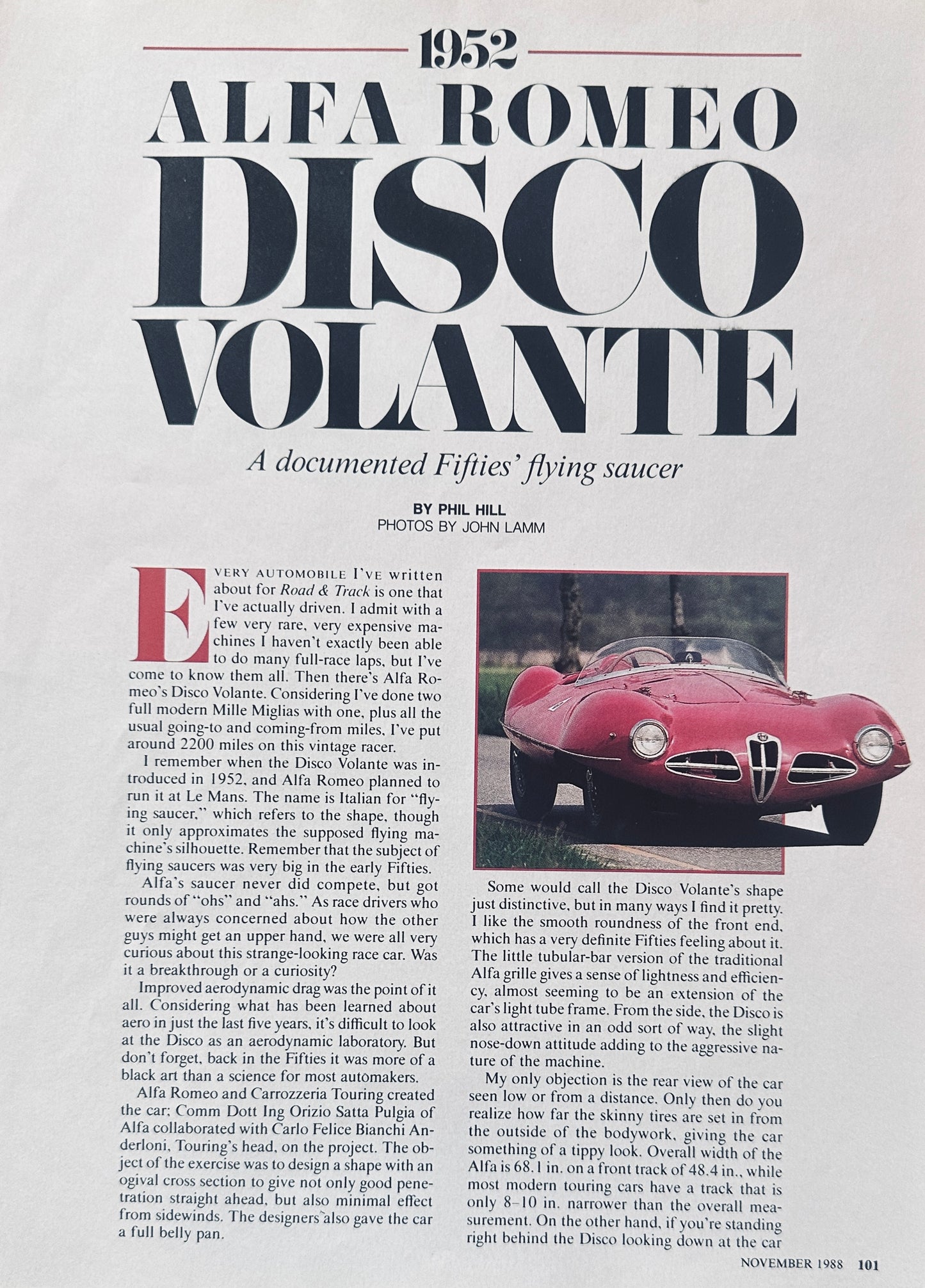 1988 Article on 1952 Alfa Romeo Disco Volante