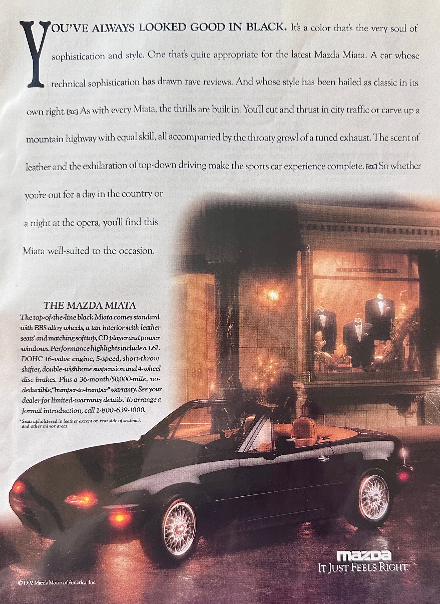 1992 Mazda Miata Black with Camel Interion Vintage Ad #A198
