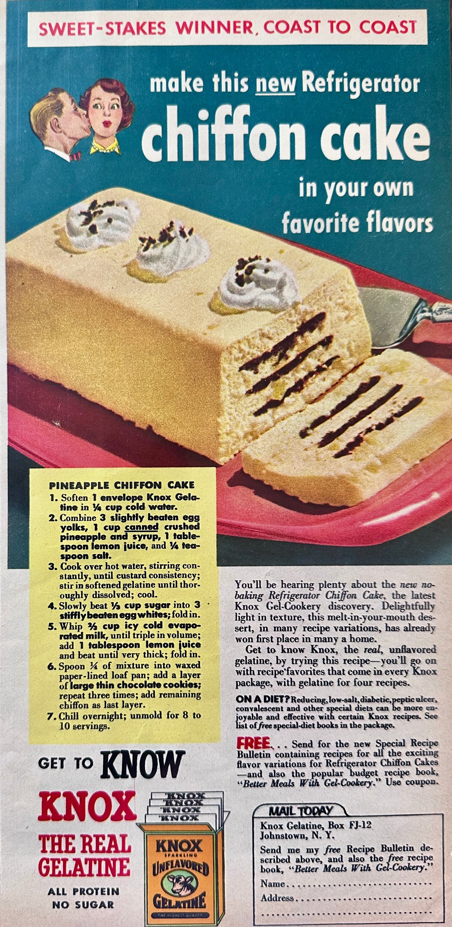 1953 Knox Gelatine - Refrigerator Pineapple Chiffon Cake - Vintage Ad