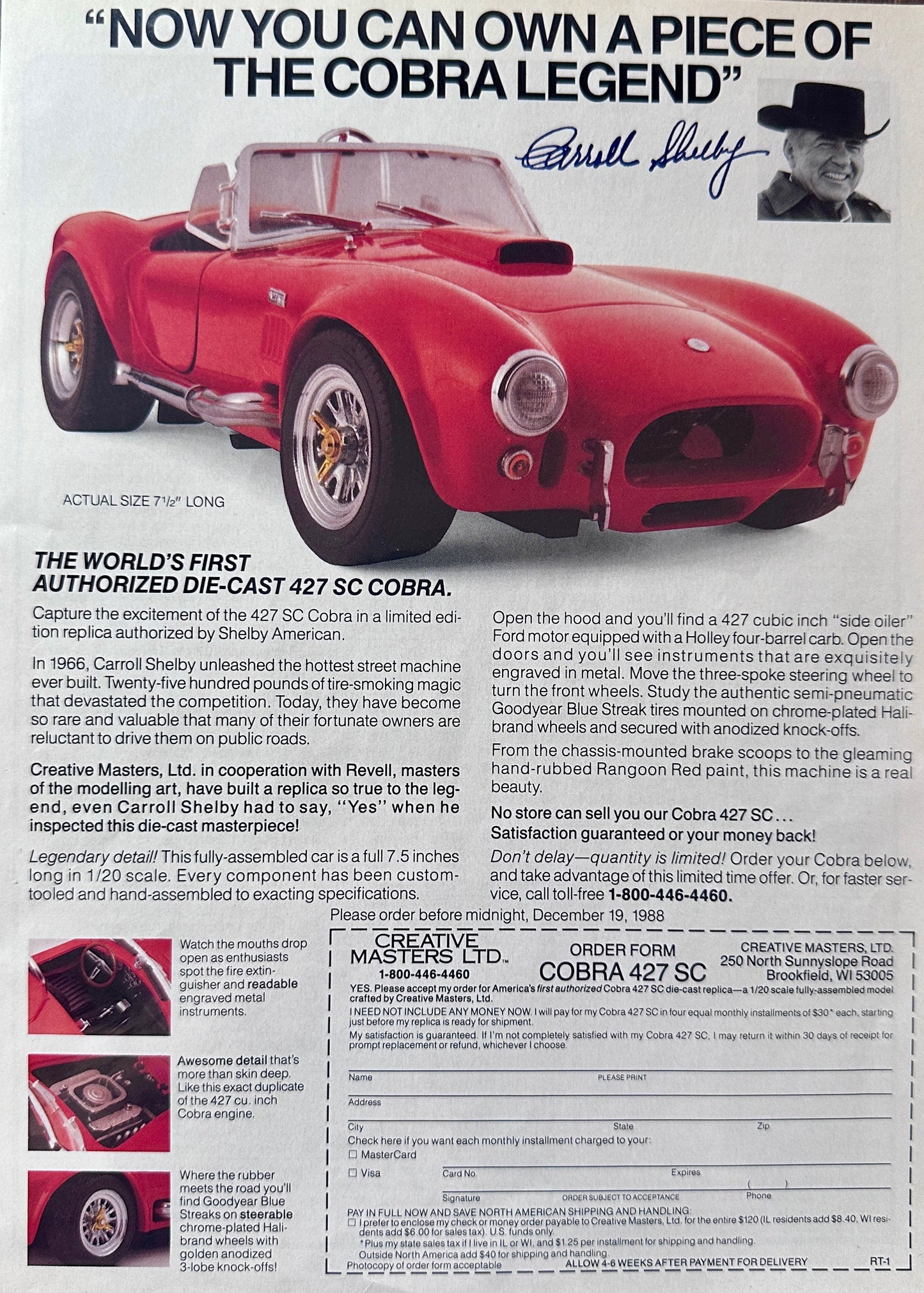1989 Die Cast MOdel of 427 SC Cobra - Creative Masters - Vintage Ad
