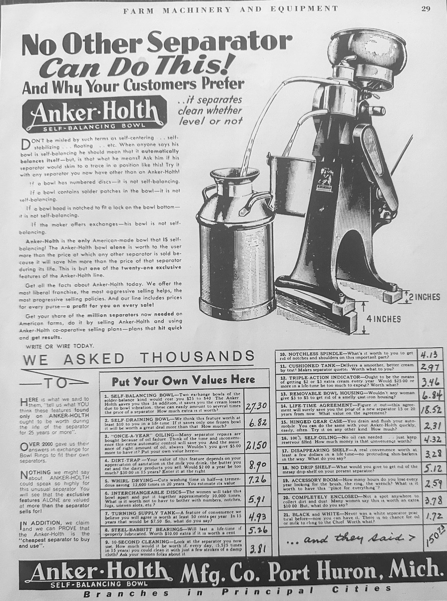 1937 Anker-Holth Cream Separator Port Huron, MI Vintage Ad S60