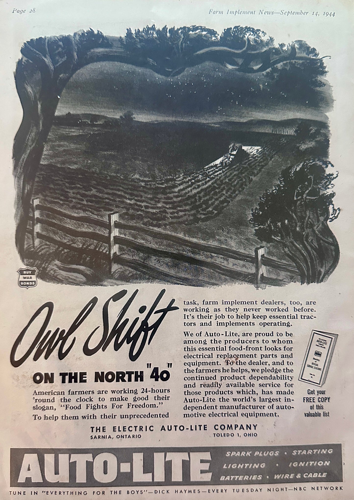 1944 Auto-lite Handles the Owl Shift on the North 40 - Vintage Ad