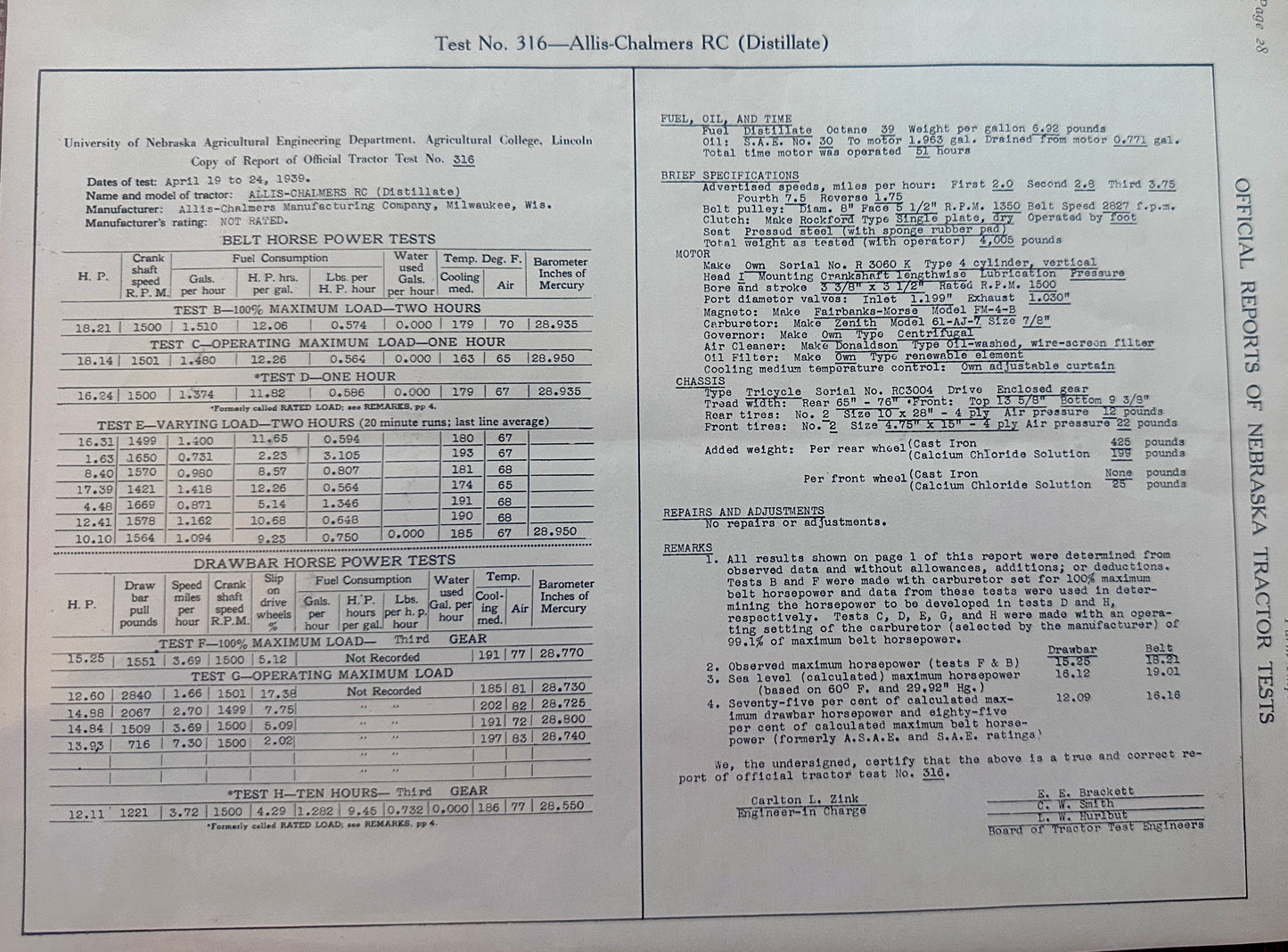 1939 Nebraska Tractor Test Report For Allis-Chalmers RC (Distillate)