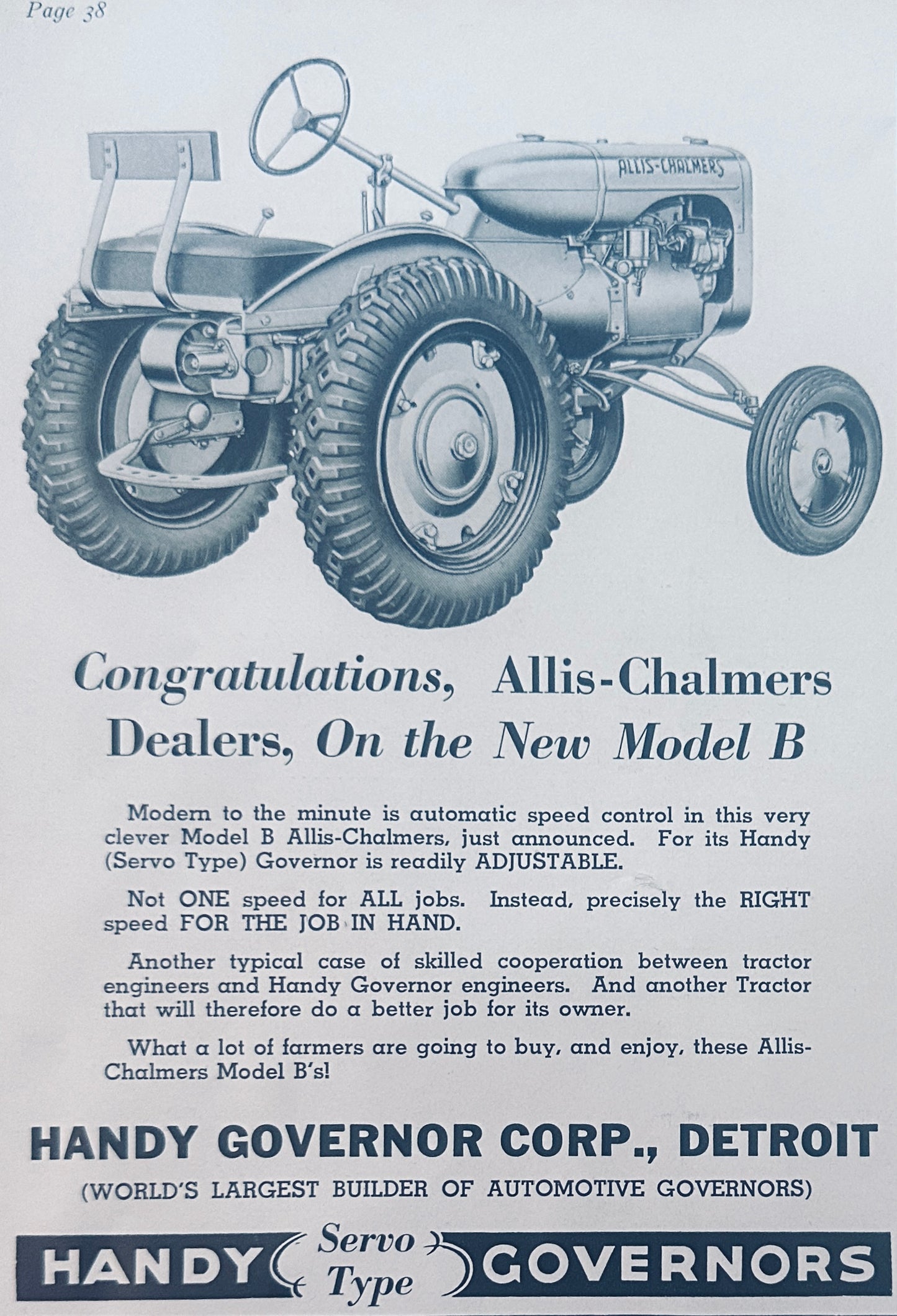 1938 Allis-Chalmers Model B - Handy Govenors Corp Detroit MI Vintage Ad