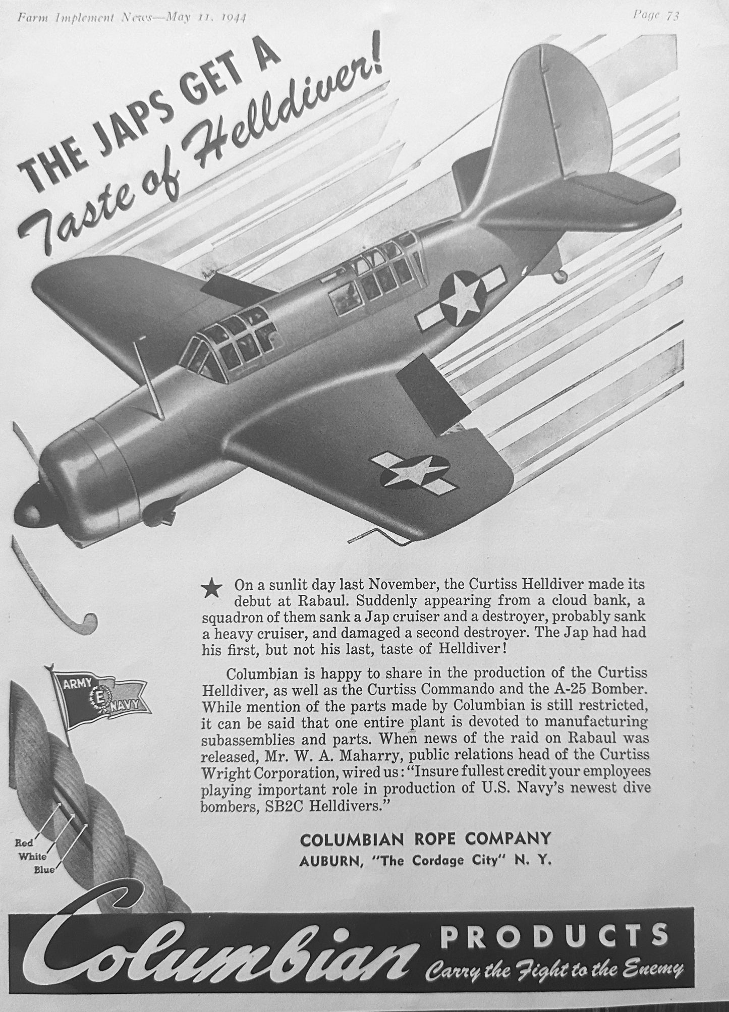 1944 Curtiss Helldriver Pacific Fleet WWII - Columbian Rope Company N281