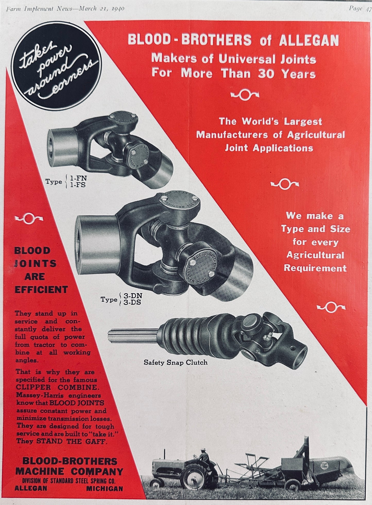 1940 Blood Brothers Joints Standard on Massey-Harris Clipper Combine N113