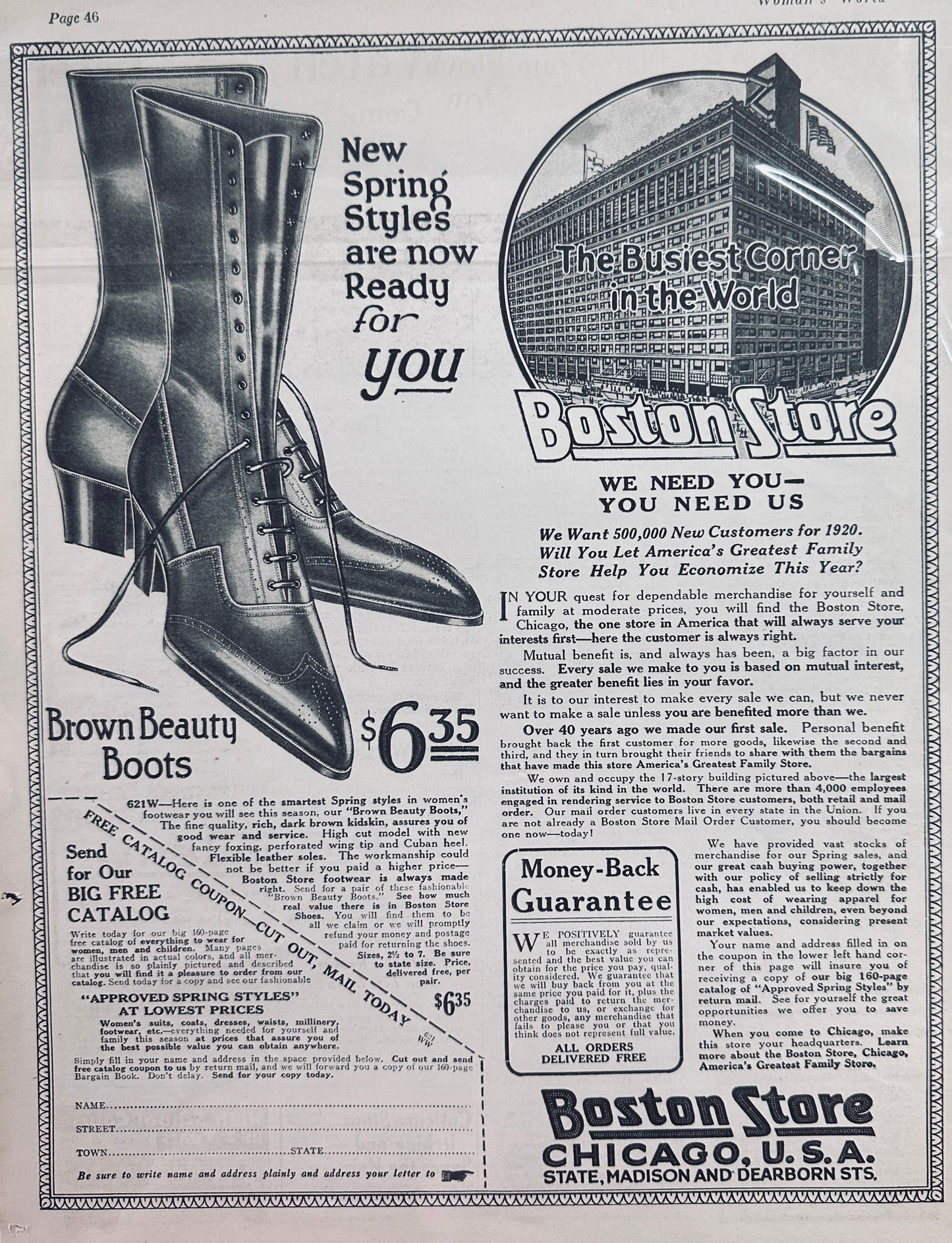 1920 - Fabulous Full Page Vintage Ad for The Boston Store Chicago, IL