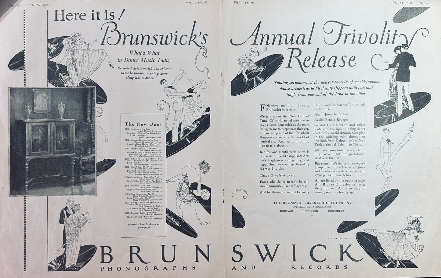 1922 Large Centerfold Ad Brunswick Phonographs & Records #556