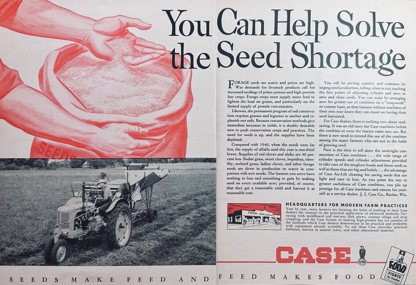1944 Case WWII Era Can Help Solve the Seed Shortage Vintage 2-Page Ad N154