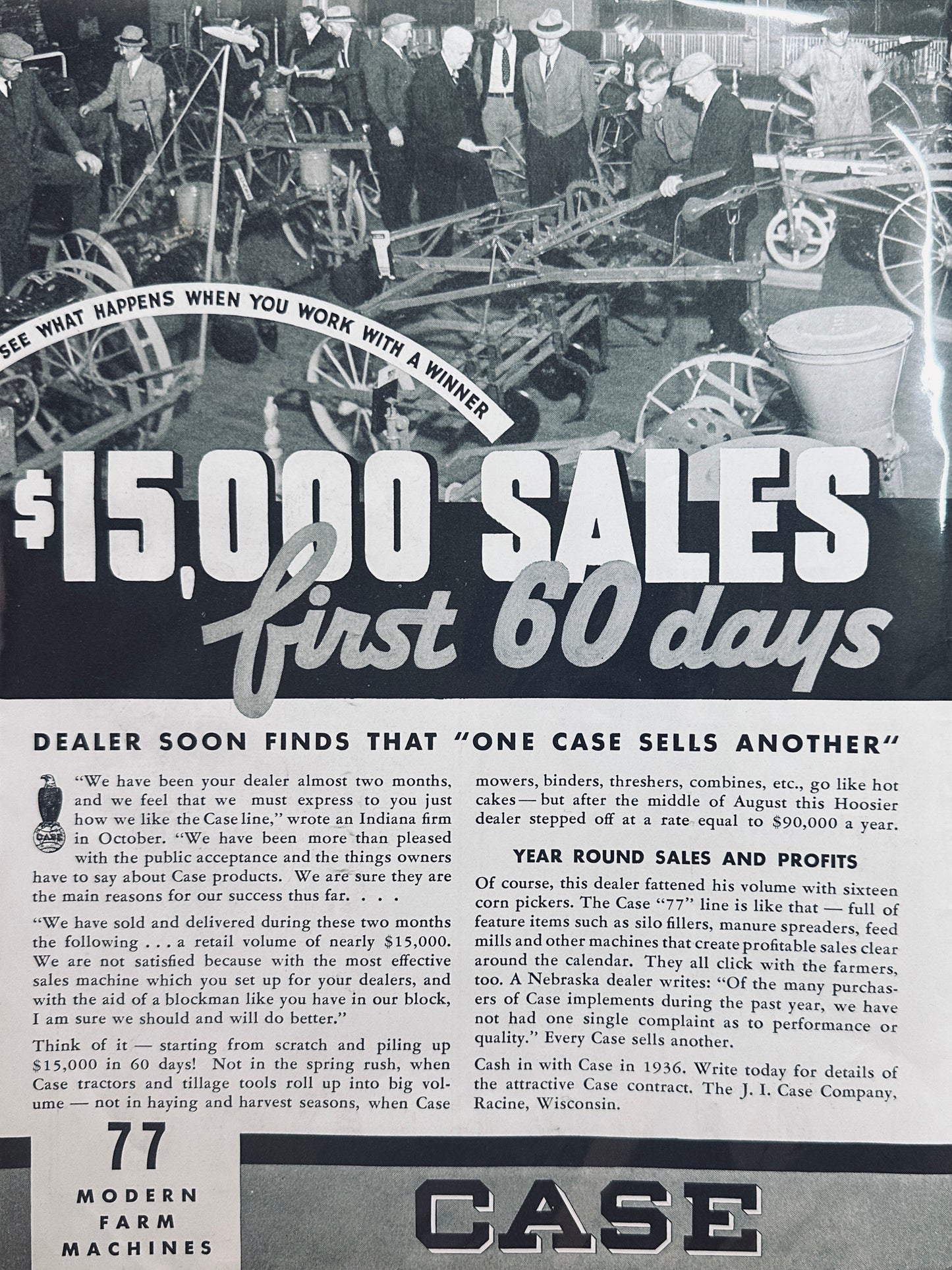 1936 Case Dealership Vintage Ad $15k in Sales First 60 Days