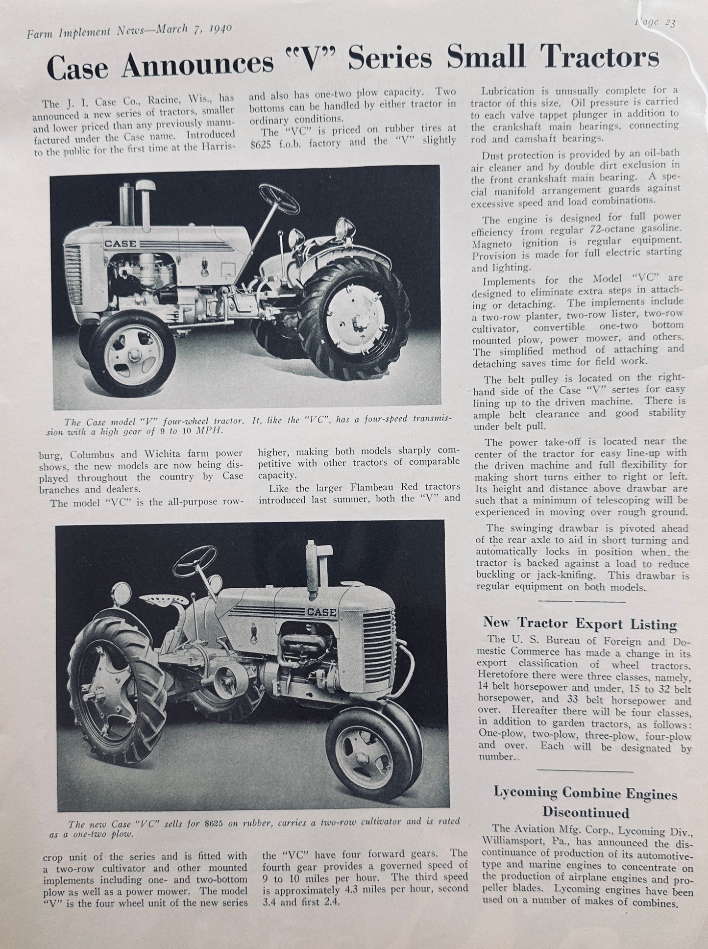 1940 Feature Article on Case "V" and "VC" Small Tractors #1332