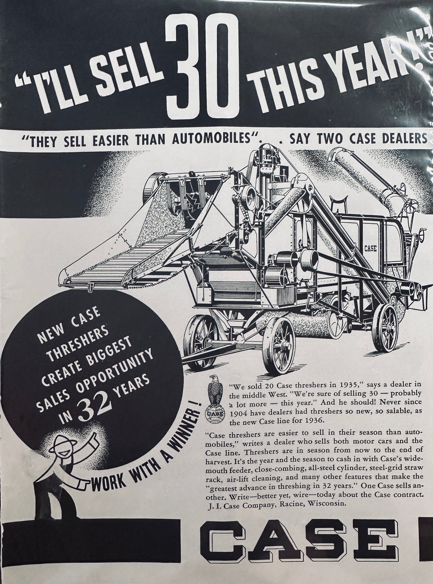 1936 Case Threshers Sell Easier than Automobiles Vintage Ad #1335