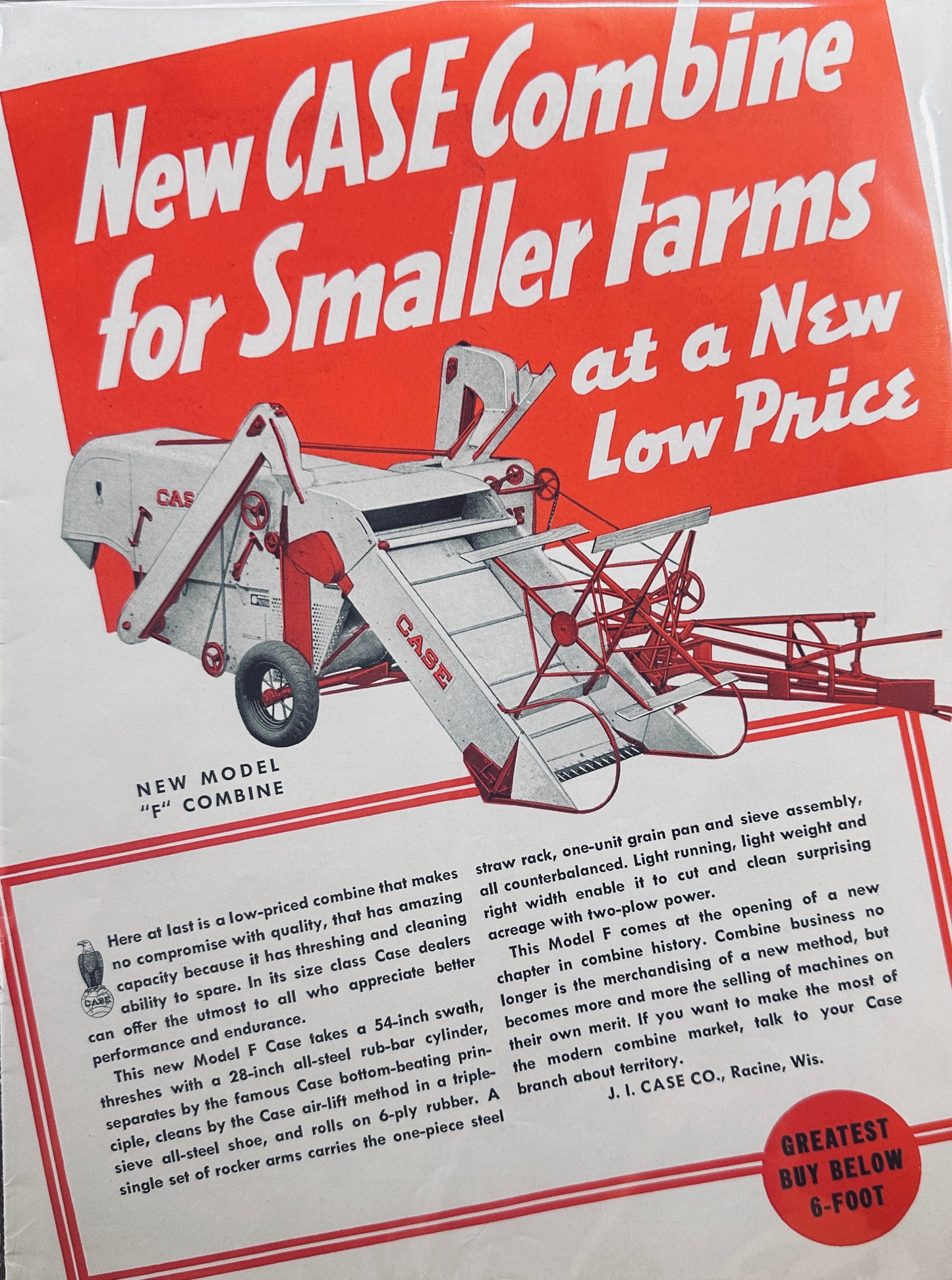 1940 Model F Case Combine Takes a 54" Swath Vintage Ad #1329
