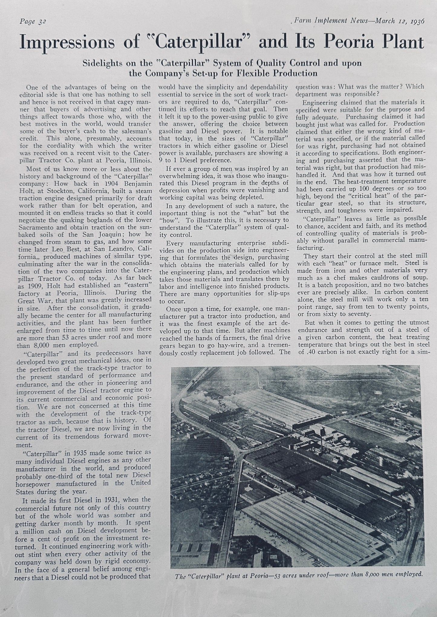 1936 Three-Page Feature Article on Caterpillar Plant in Peoria, IL Nice Photos