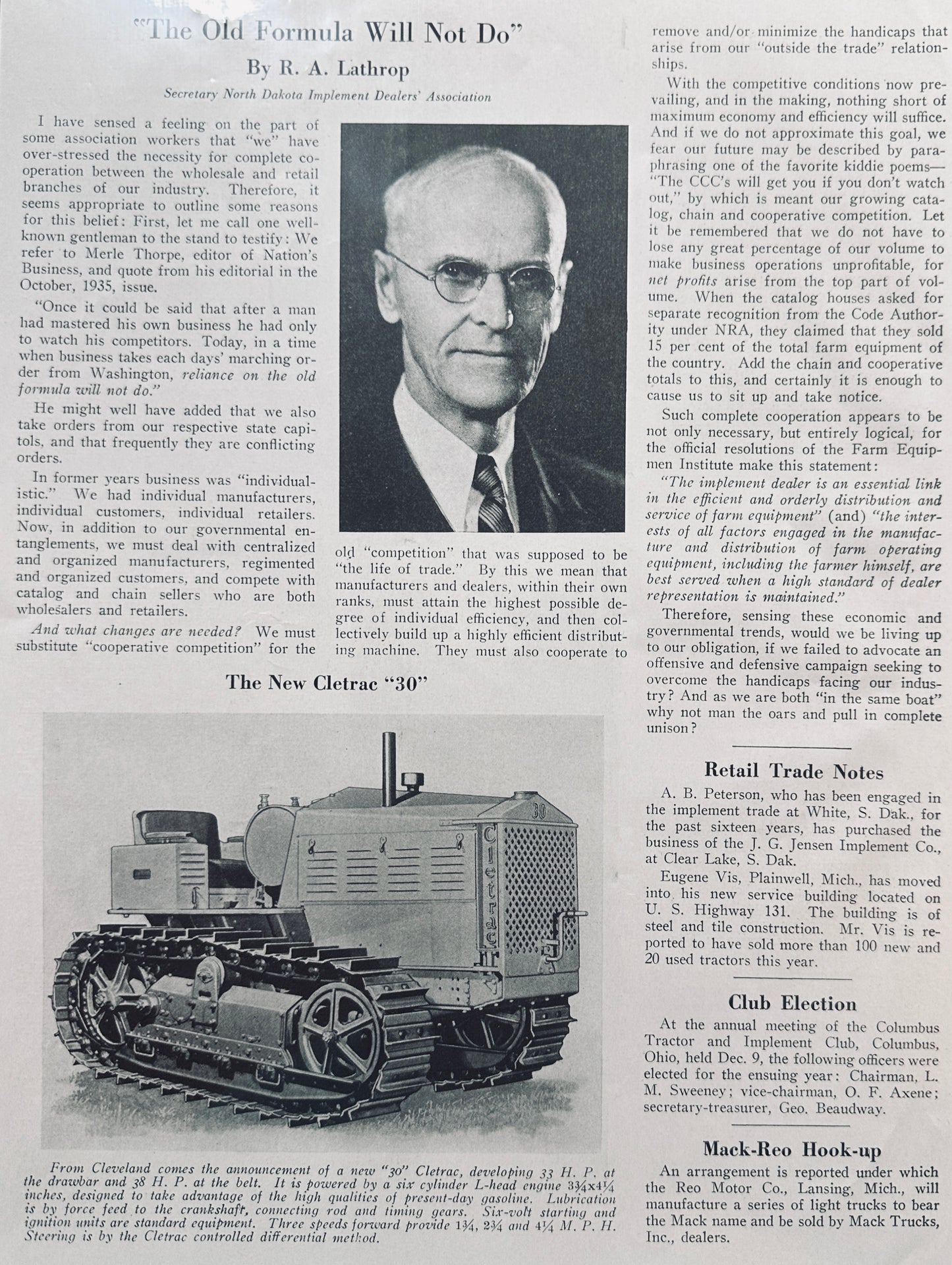 1935 Cleveland Tractor Announces the New Cleatrac 30 "33HP" Vintage Ad