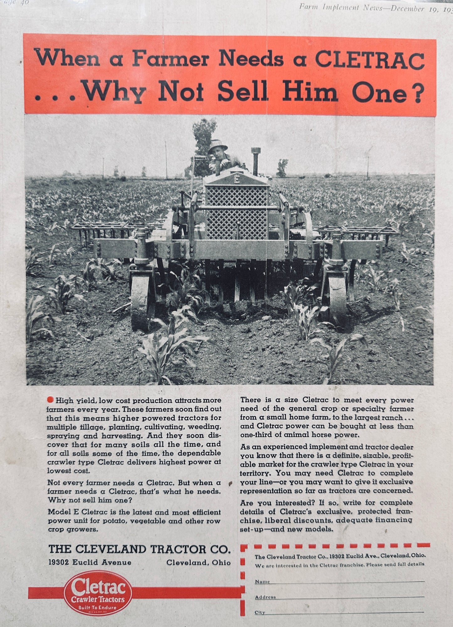 1935 The Cleveland tractor Co - Cleatrac Model E Vintage Ad