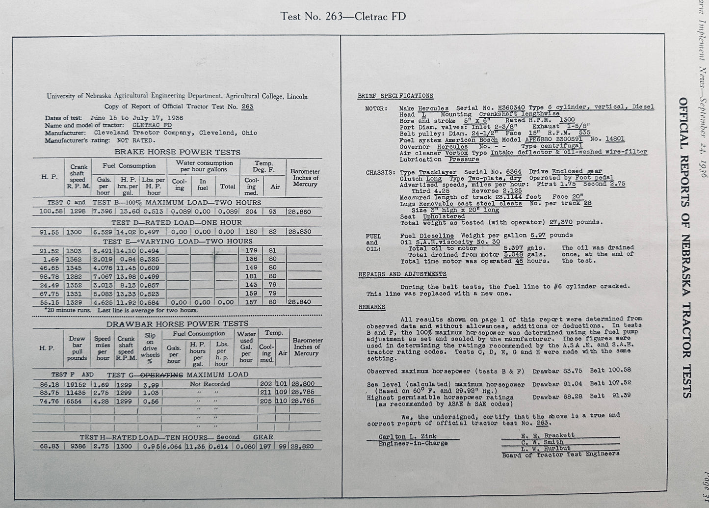 1936 Official Report of Nebraska Tractor Test No. 263 Cletrac FD