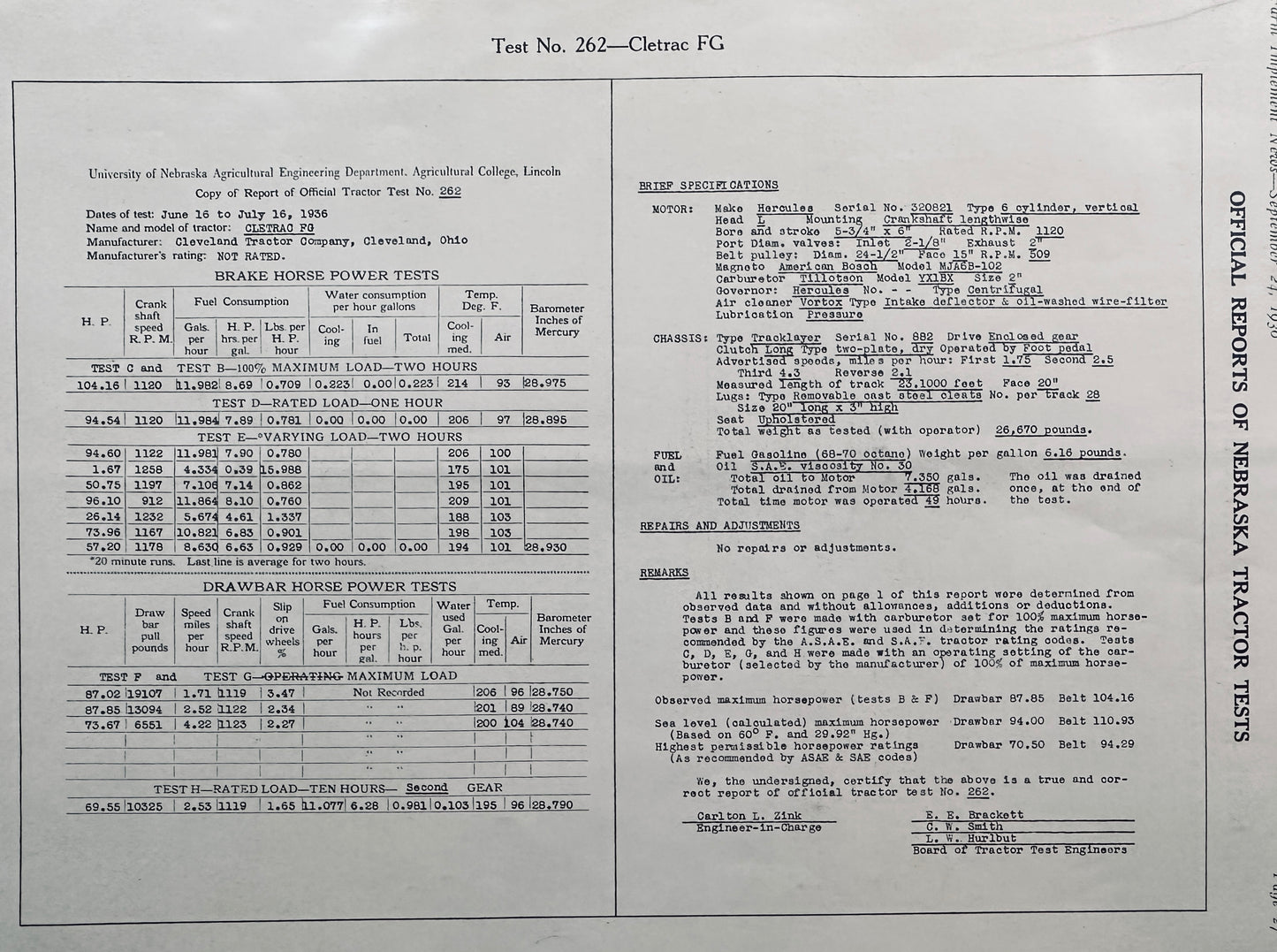 1936 Official Nebraska Tractor Test Report #262 Cletrac Model FG N218