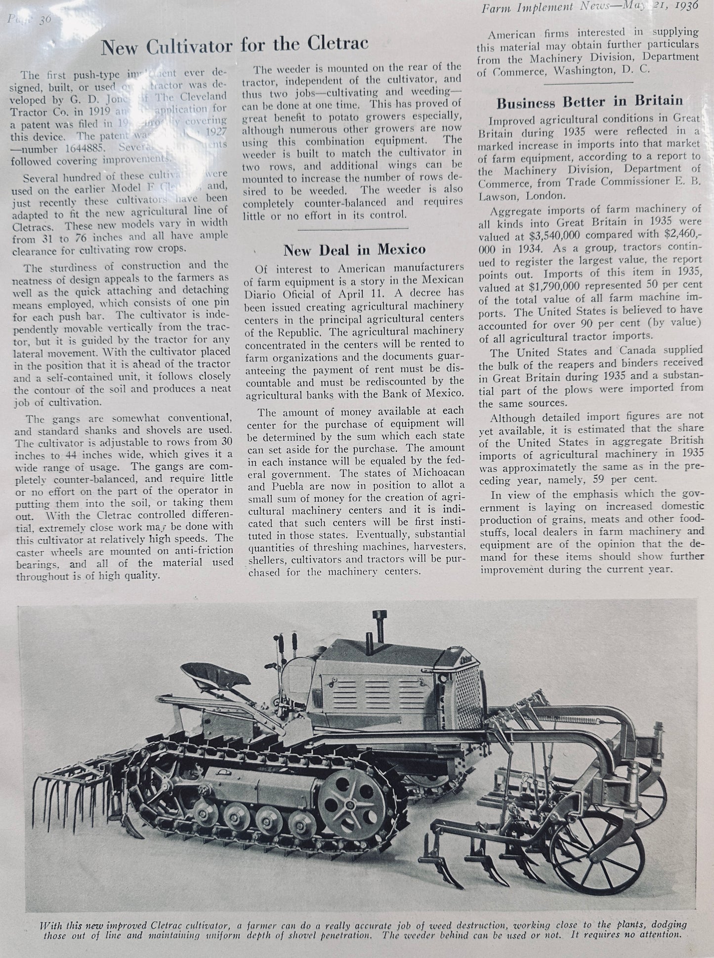 1936 Cletrac Introduces new Cultivator Feature Article N219