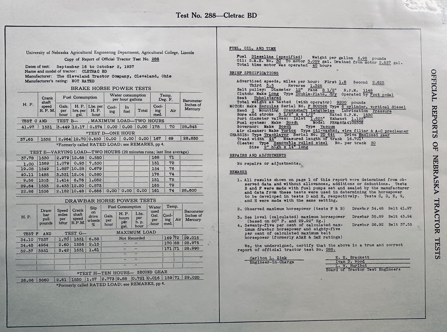 1937 Nebraska Official Tractor Test Report #288 - Cletrac Model BD