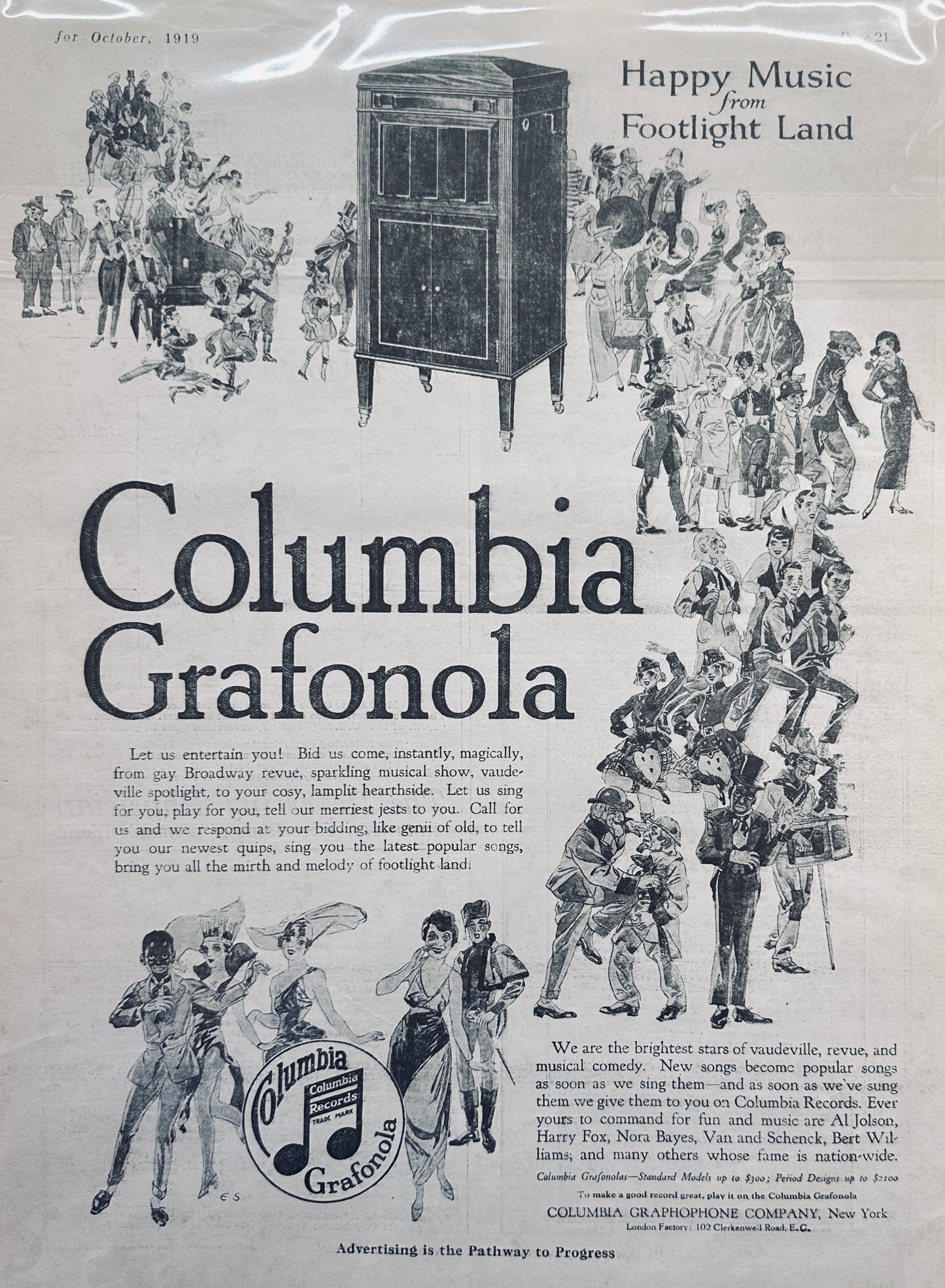 1919 Columbia Grafonola & Records Vintage Ad Happy Music From Footlight Land