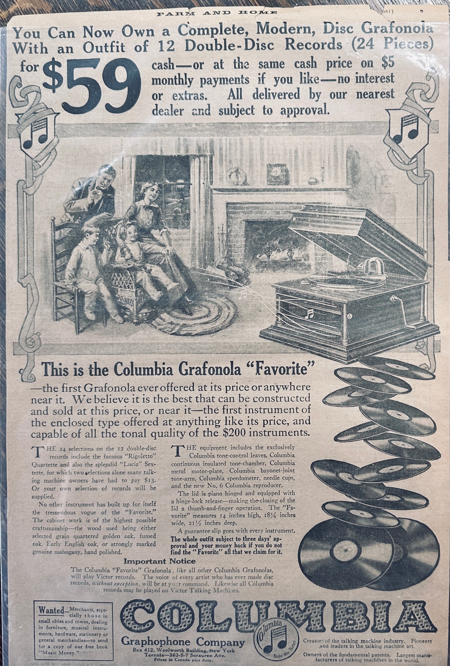1913 Columbia Grafonola "Favorite" Disc Table Top Model Original Ad #433