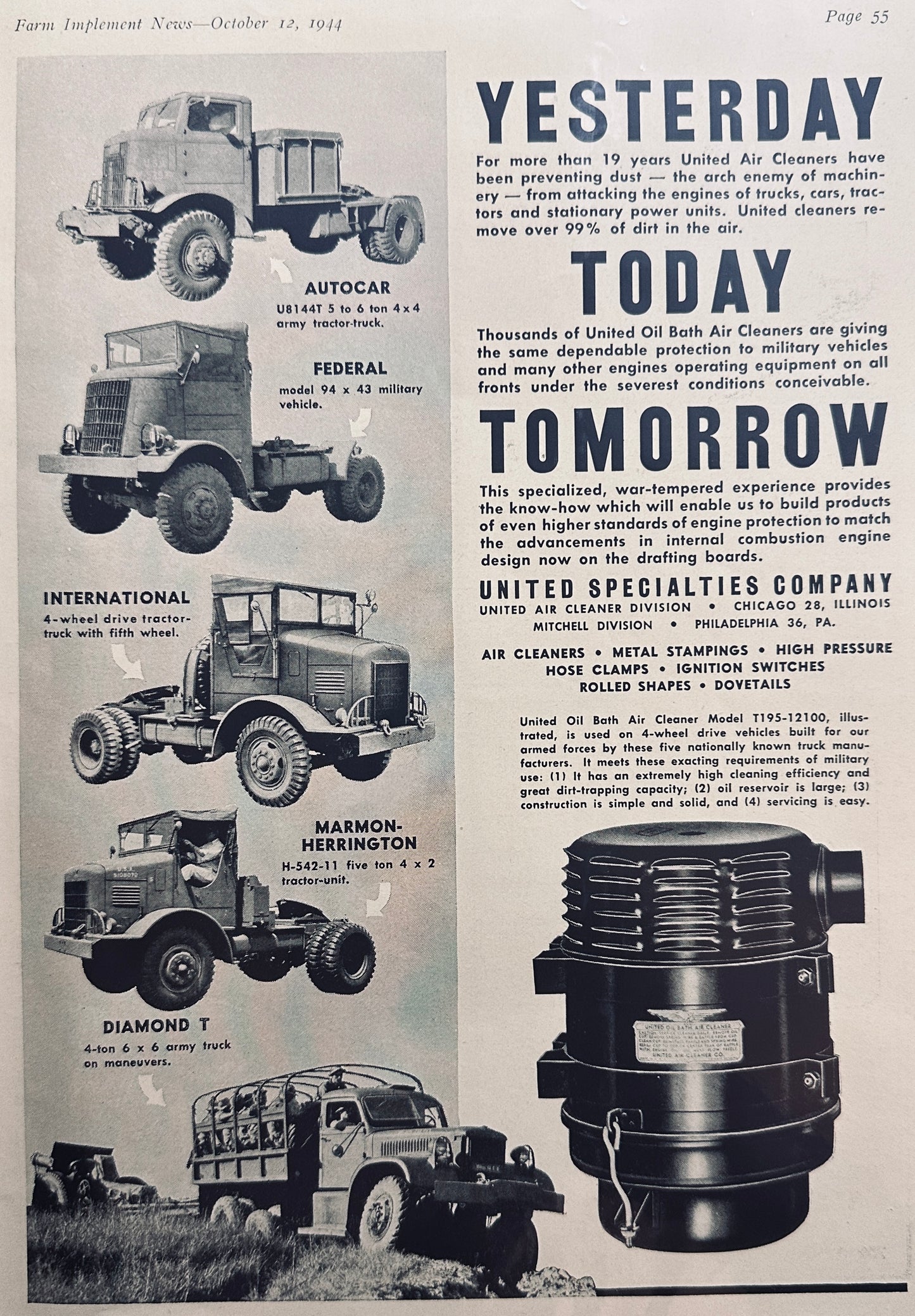 1944 United Specialties Oil Bath Sire Cleaner Model T195-12100 A338