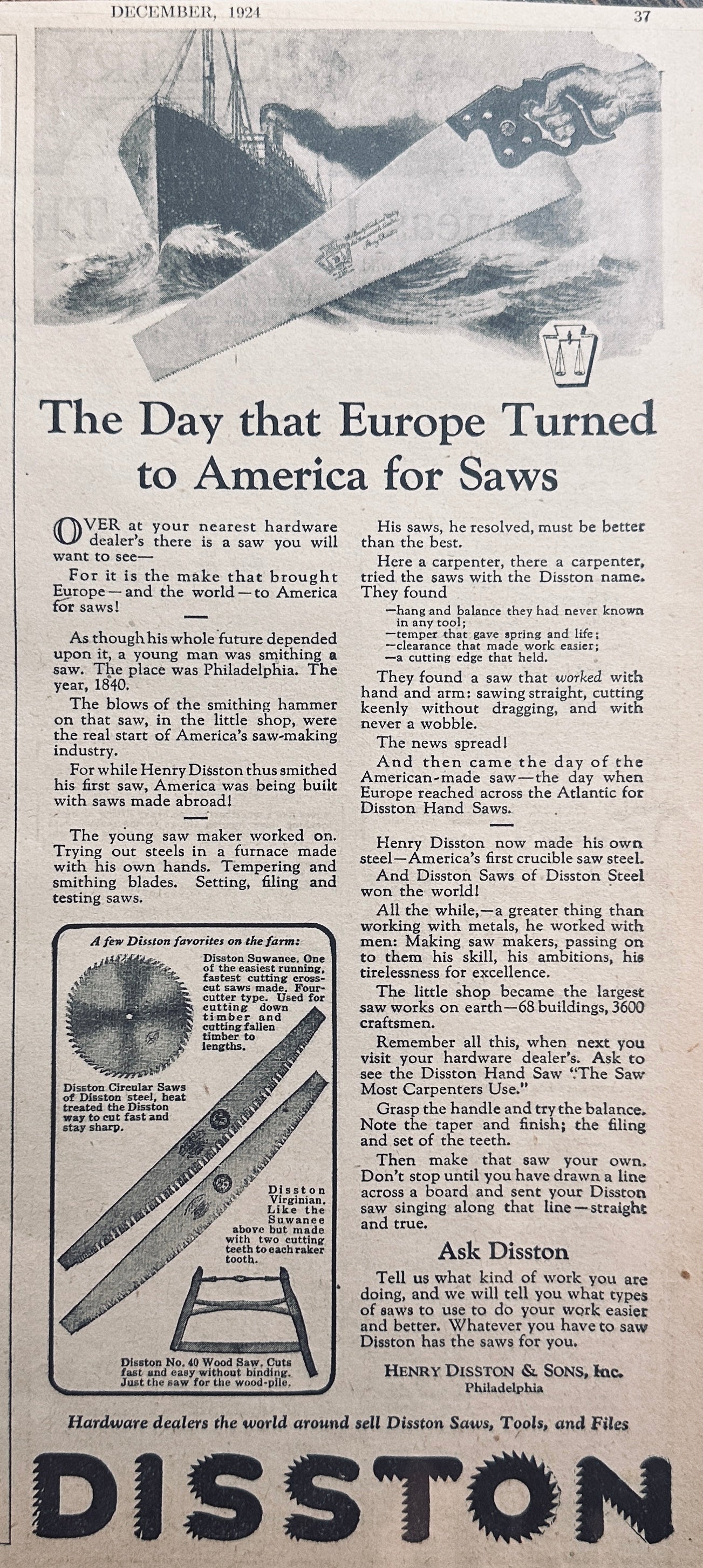 1924 Disston Saws The Day Europe Turned to America for Saws N295