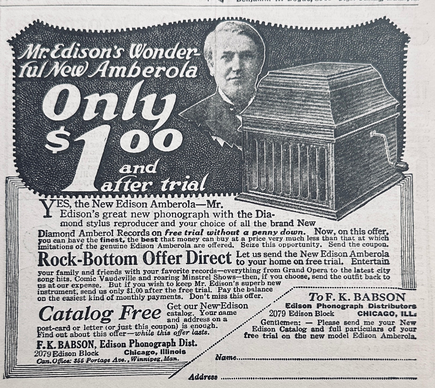 1919 Edison Amberola Ad for $1 after Trial Period - Vintage 3 x 4" Ad N315