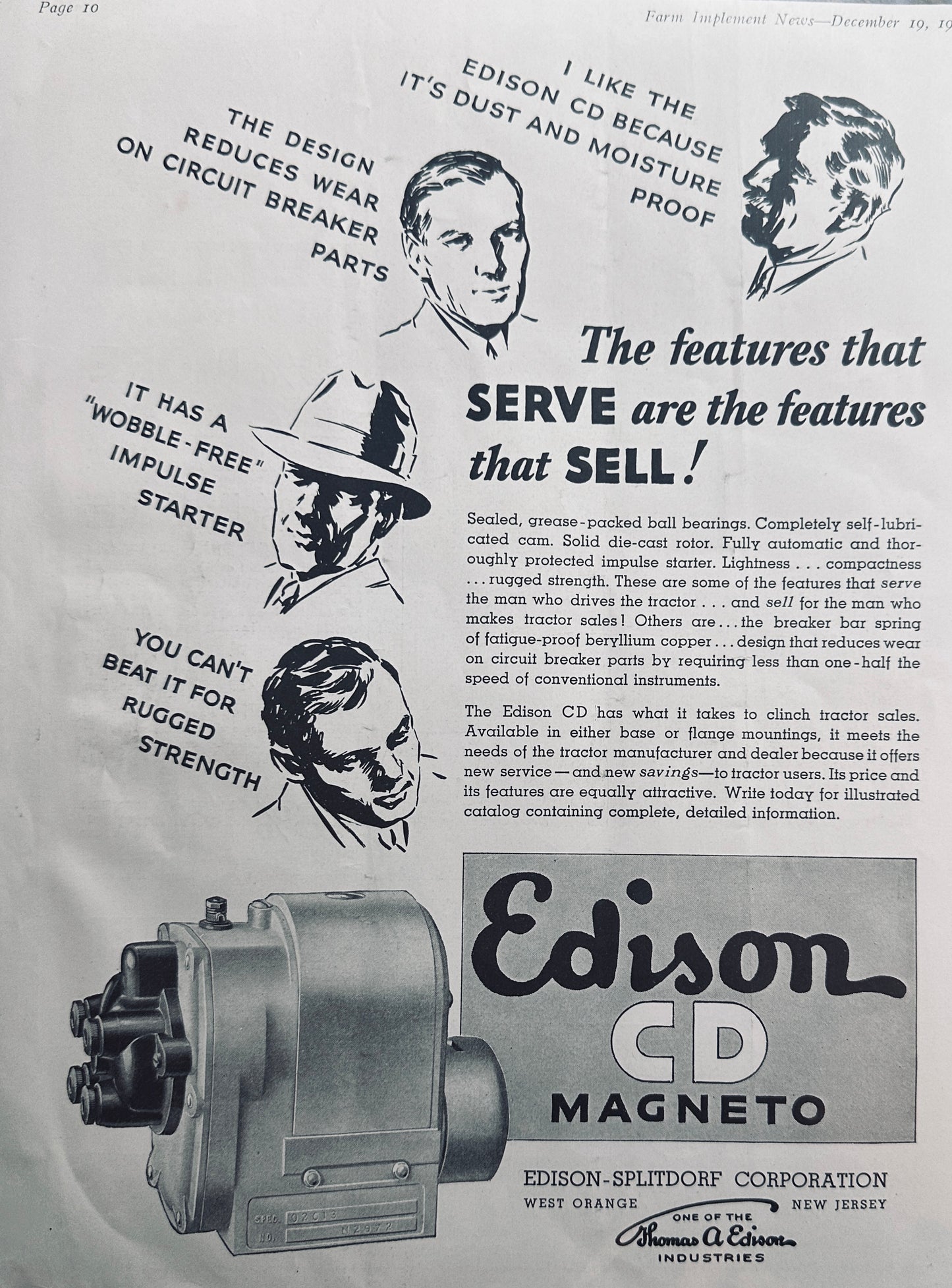 1935 Edison CD Magneto - Features that Sell Tractors - Vintage Ad N316