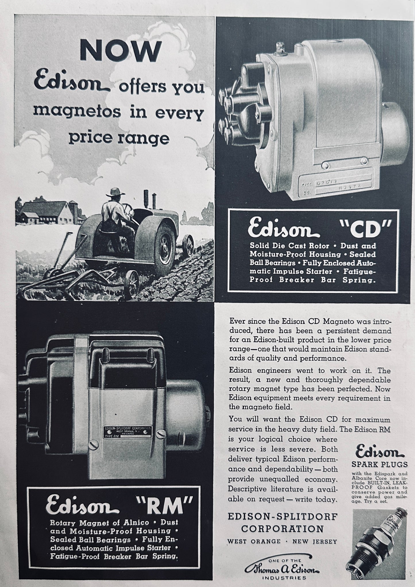 1937 Edison CD & Rm Magneto -Edison Spark Plugs - Vintage Ad N317