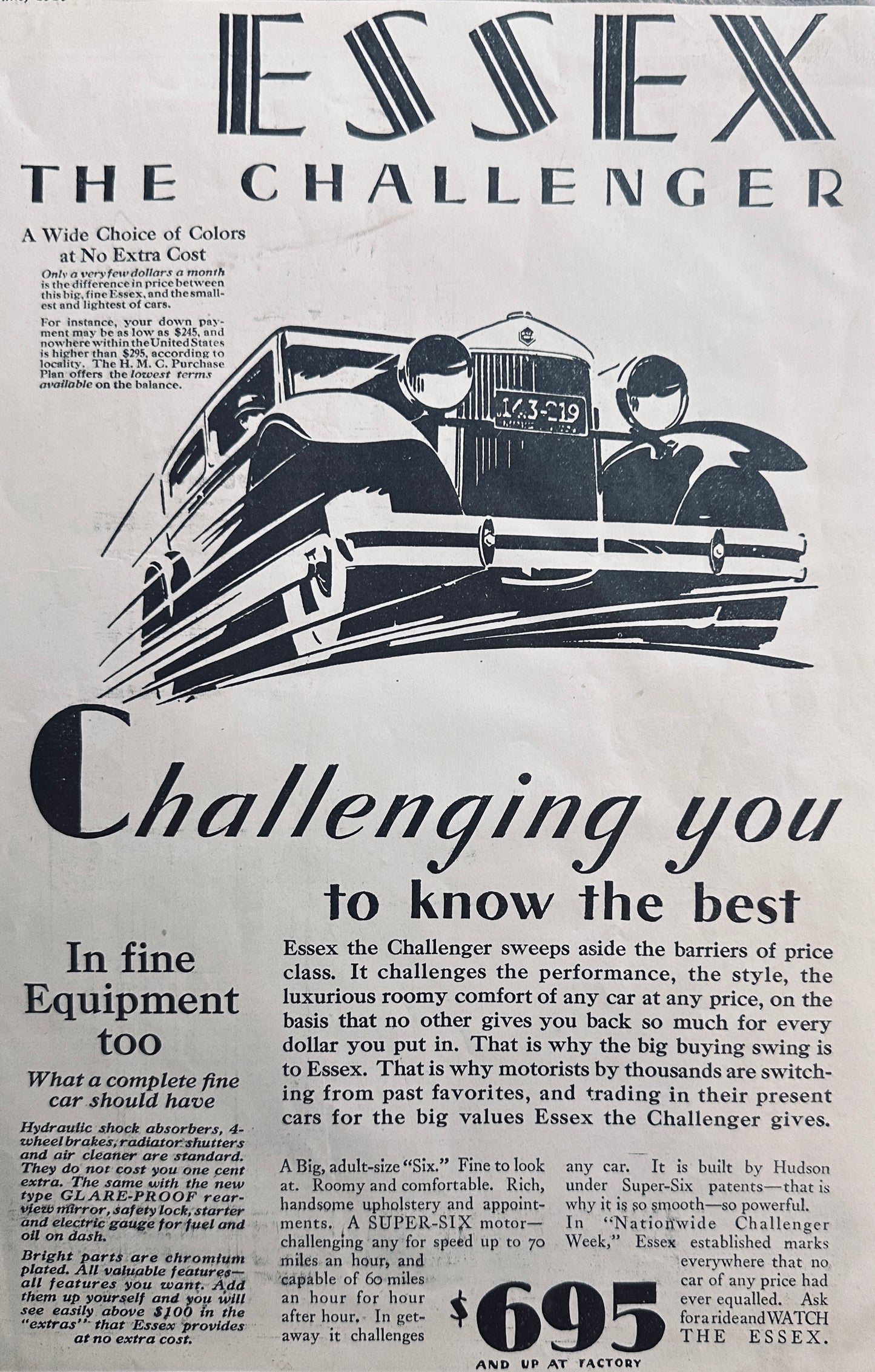 1929 Essex Challenger Super-Six family Sedan - Vintage Ad