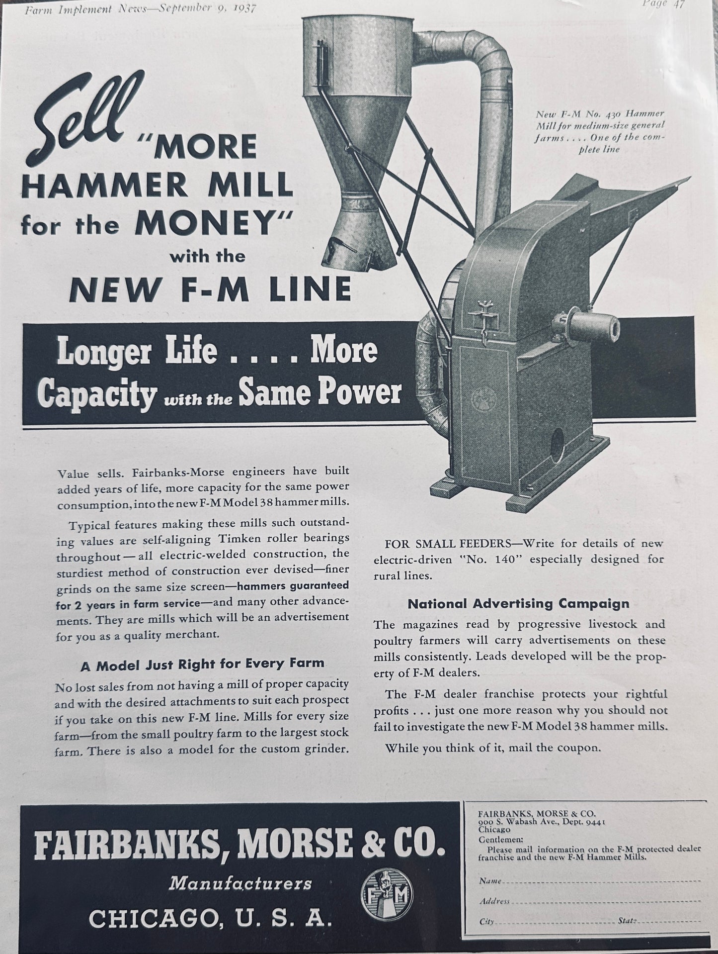 1937 Fairbanks-Morse & Co Hammer Mill Longer Life More Capacity Vintage Ad N359