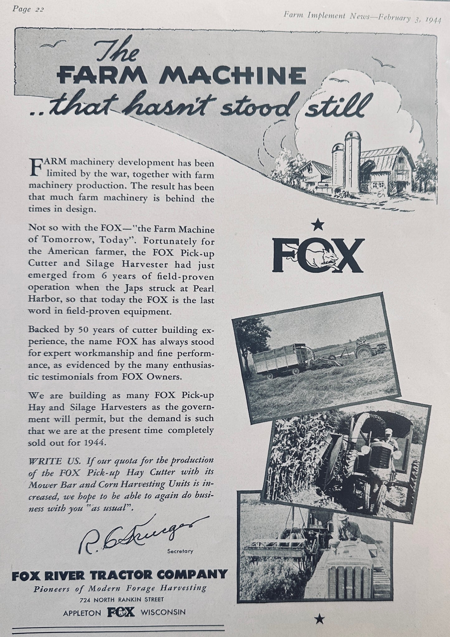 1944 Fox River Tractor Co & Mobiloil-Mobilgas Vintage ads