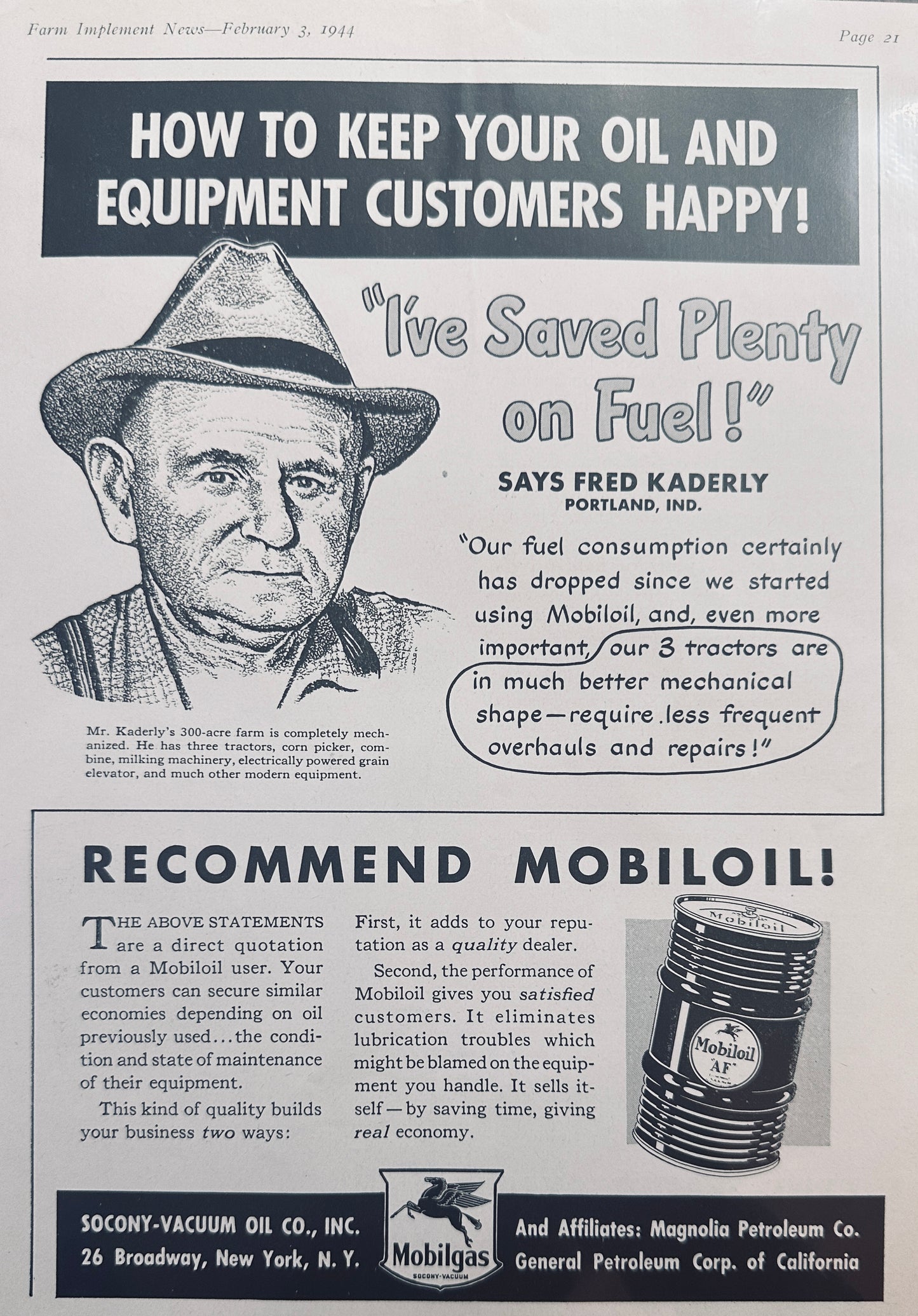 1944 Fox River Tractor Co & Mobiloil-Mobilgas Vintage ads N379