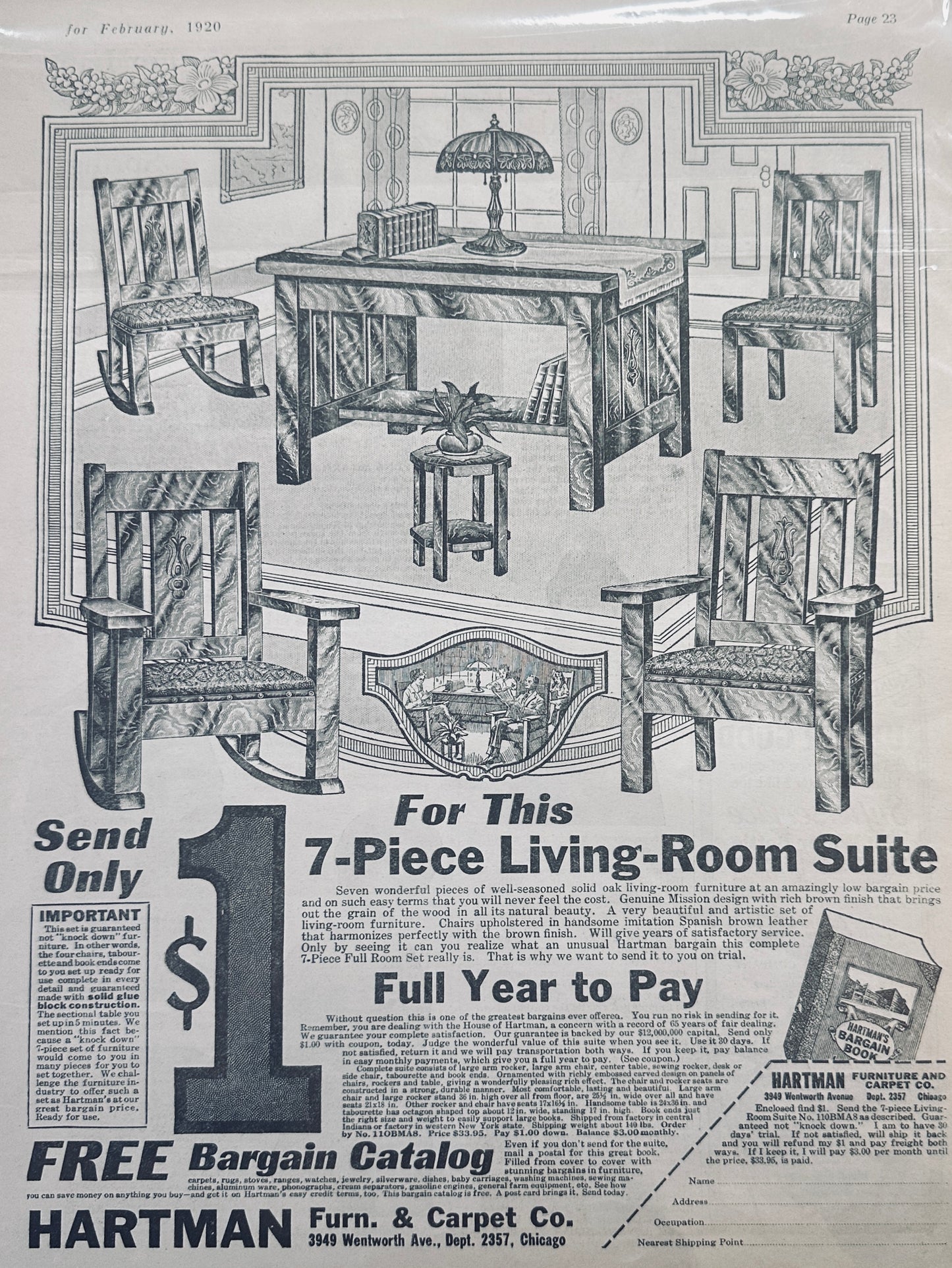 1920 Hartman 7-Piece Mission Oak Furniture Set + Slag Glass Lamp Vintage Ad #429