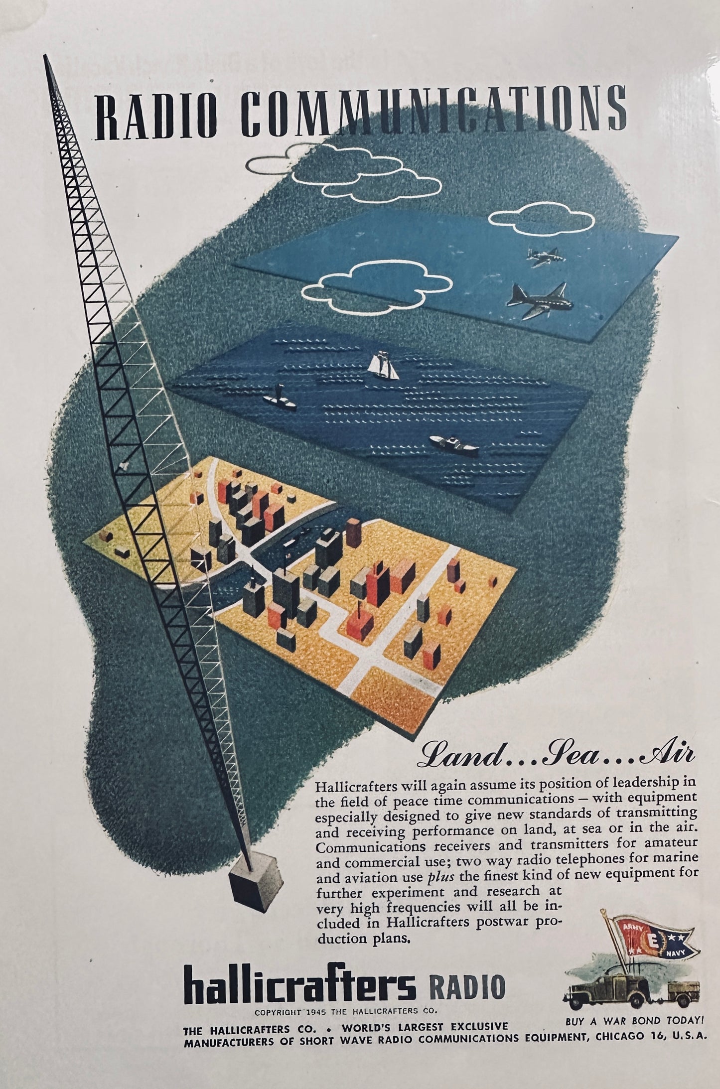 1945 Hallicrafters Radio Communications Land ... Sea...Air Vintage Ad N422